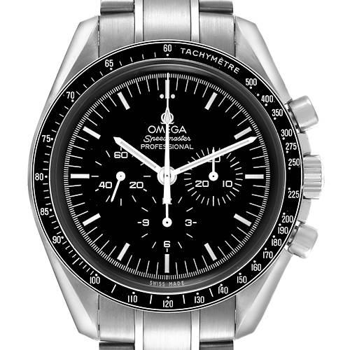 The Omega Speedmaster watch is shown from the front, displaying the dial, bezel, pushers, and crown.