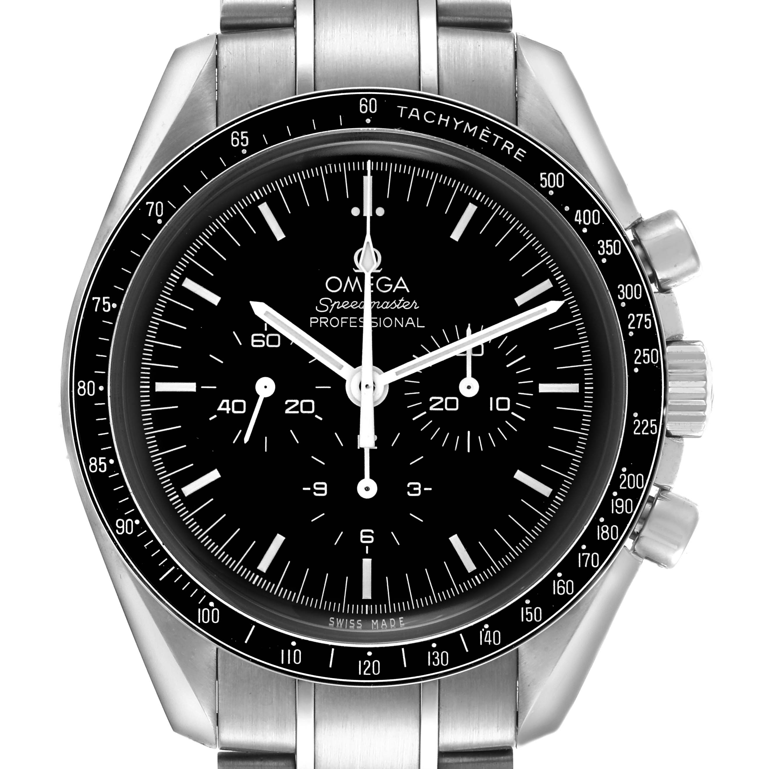The image shows a front view of the Omega Speedmaster 311.30.42.30.01.005 Men's Stainless Steel Black Dial 311.30.42.30.01.005 Men's Stainless Steel Black Dial, highlighting the dial, bezel, pushers, and bracelet.
