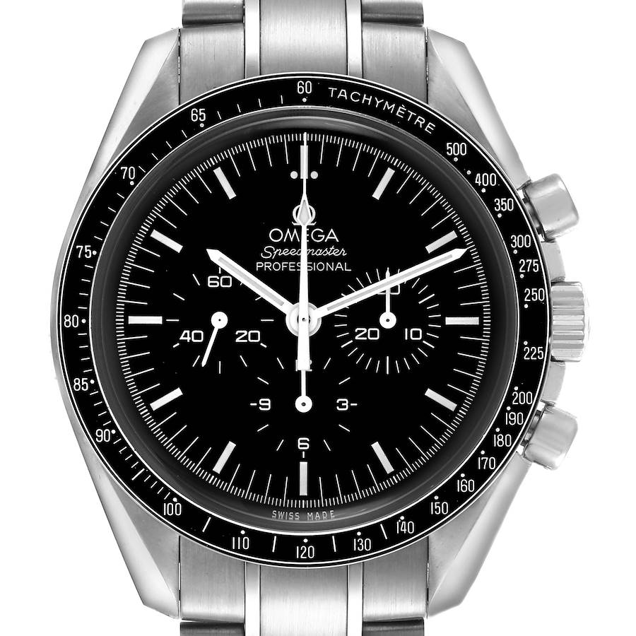 The image shows a front view of the Omega Speedmaster, highlighting the dial, bezel, pushers, and bracelet.