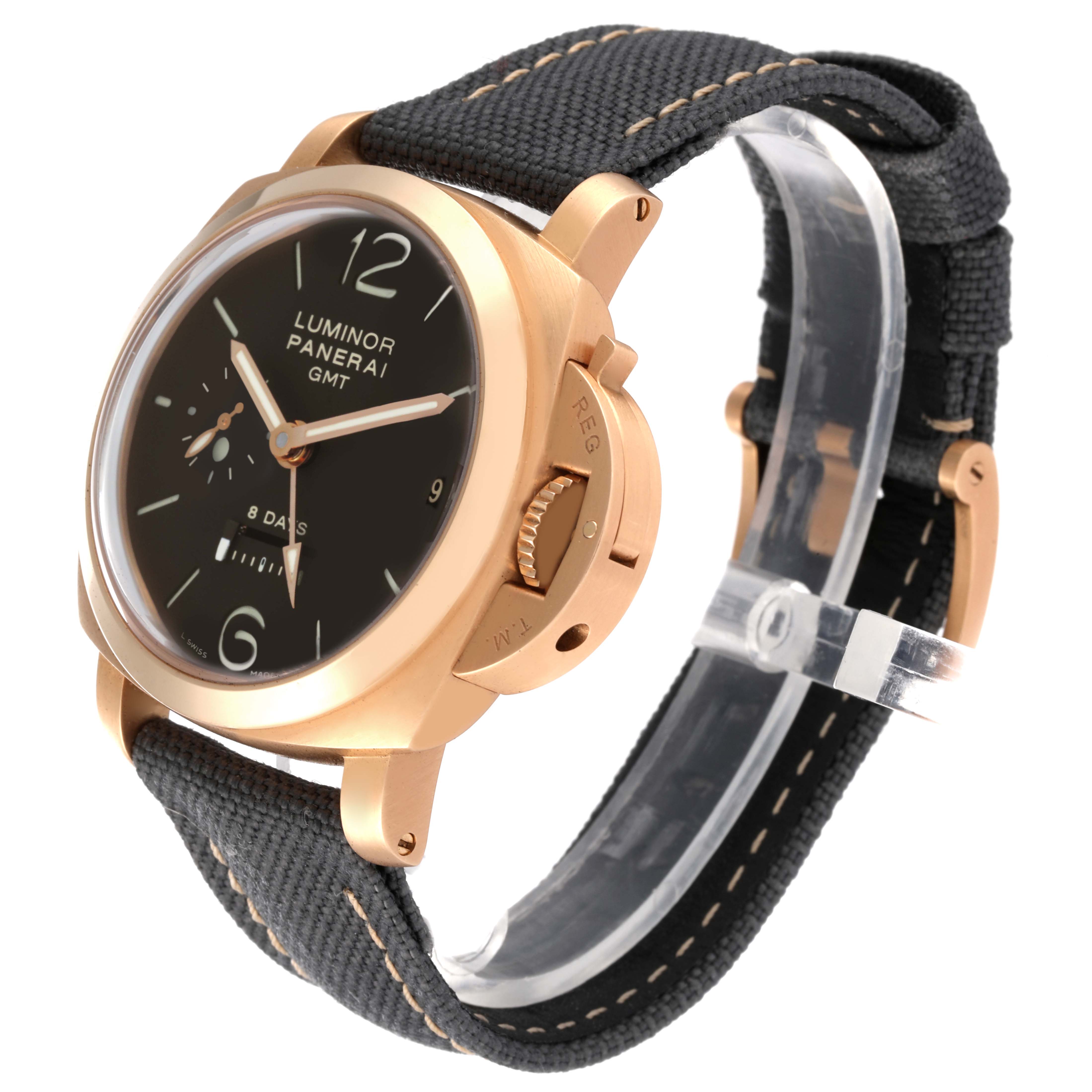 The image shows a Panerai Luminor PAM00289 Men's Rose Gold Brown Dial PAM00289 Men's Rose Gold Brown Dial watch from a front angle, highlighting its dial, crown guard, case, and strap.
