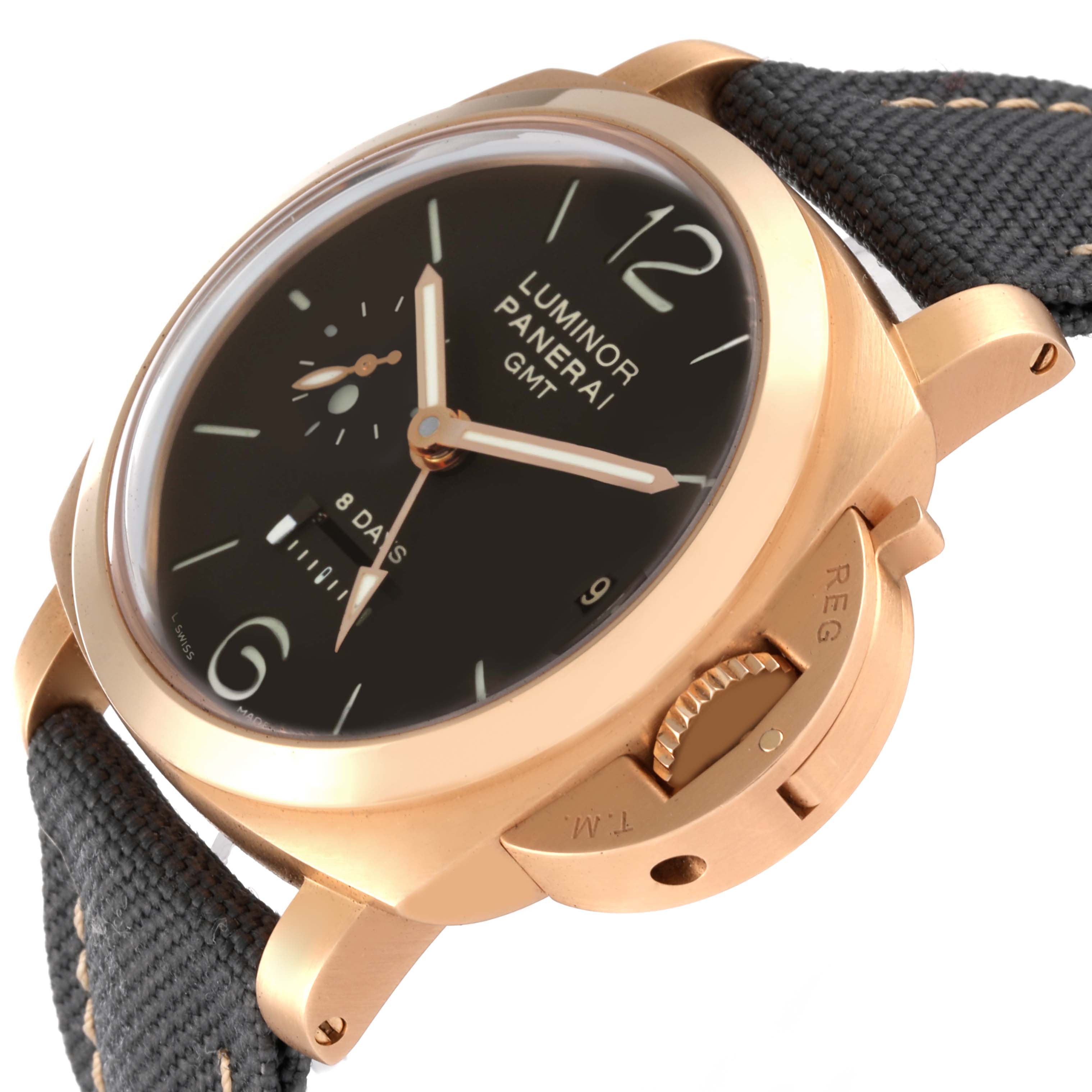 The image shows a close-up side view of a Panerai Luminor PAM00289 Men's Rose Gold Brown Dial PAM00289 Men's Rose Gold Brown Dial watch, including its crown and part of the strap.