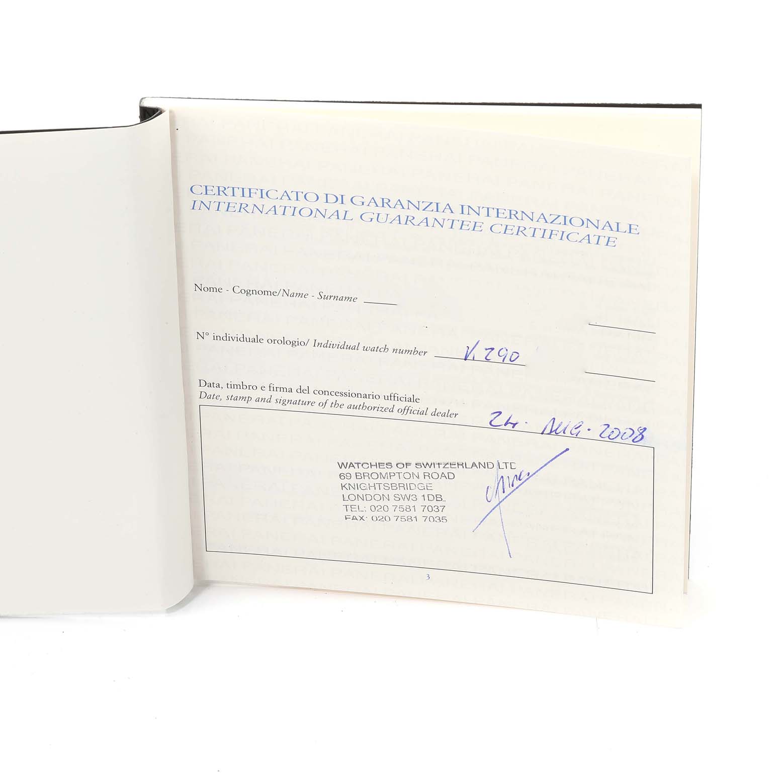 This image shows the international guarantee certificate for a Luminor model by Panerai.