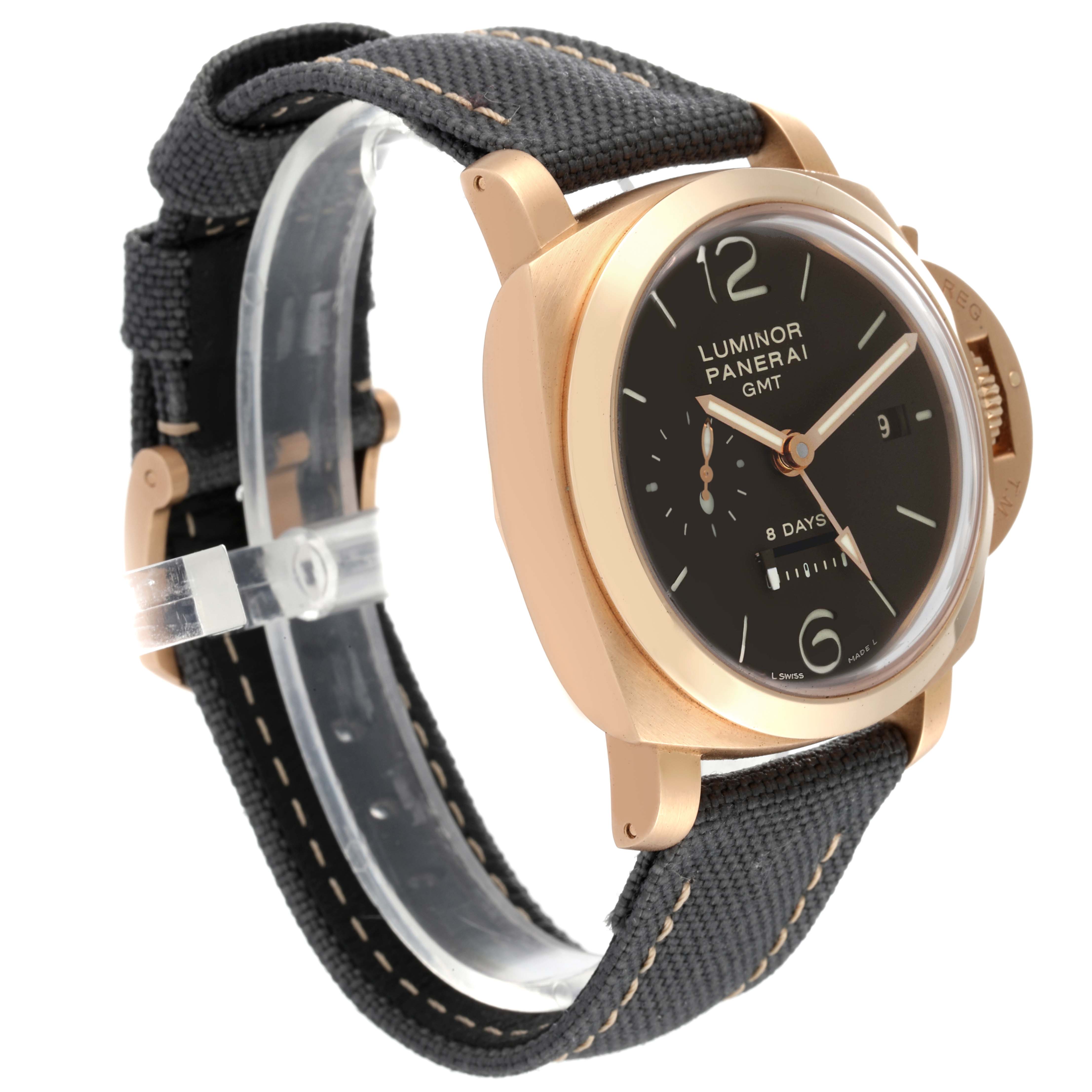 The image shows a side view of the Panerai Luminor PAM00289 Men's Rose Gold Brown Dial PAM00289 Men's Rose Gold Brown Dial GMT watch, highlighting the dial, strap, and crown.