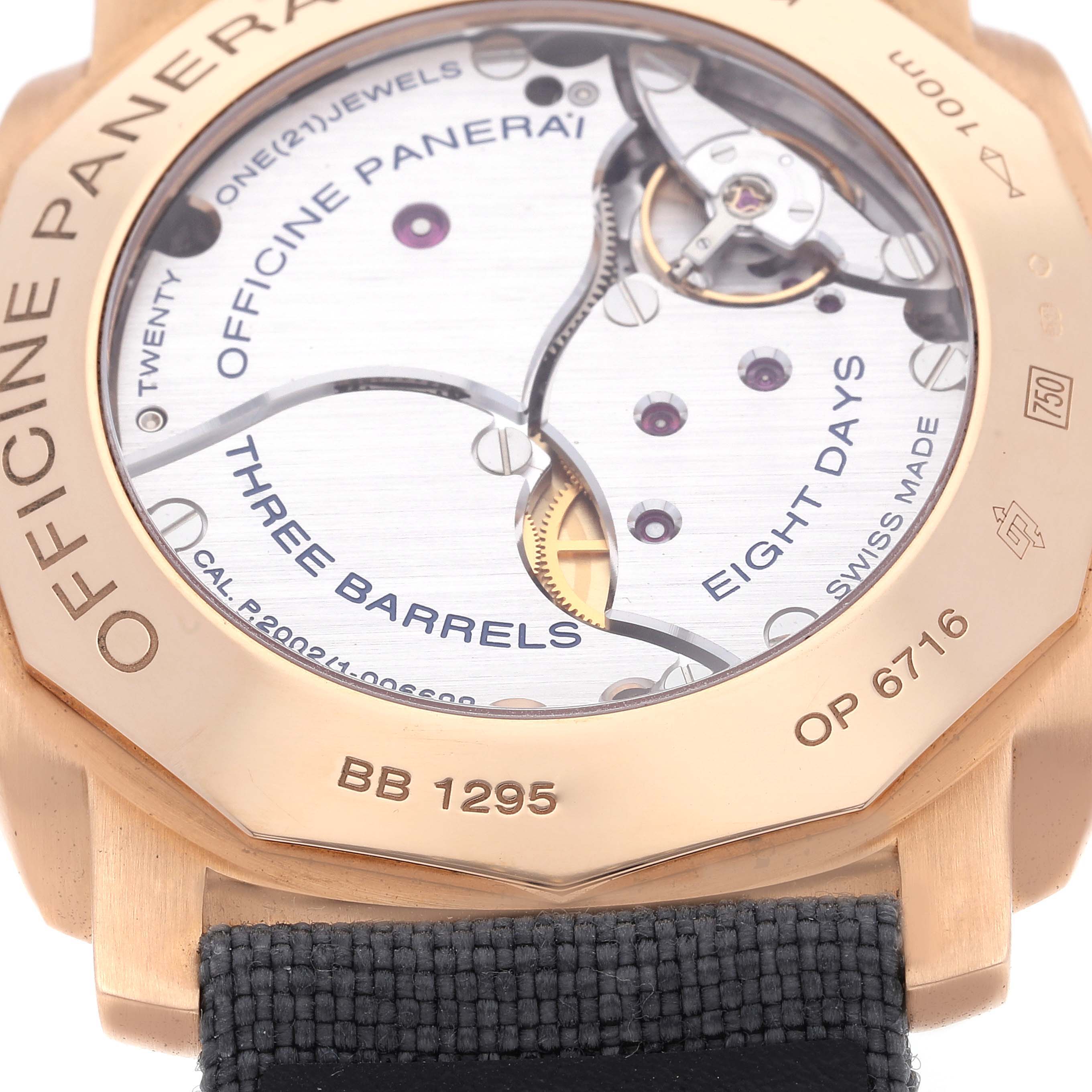 This image shows the back casing and movement mechanism of a Panerai Luminor PAM00289 Men's Rose Gold Brown Dial PAM00289 Men's Rose Gold Brown Dial watch, highlighting internal components and engraved details.