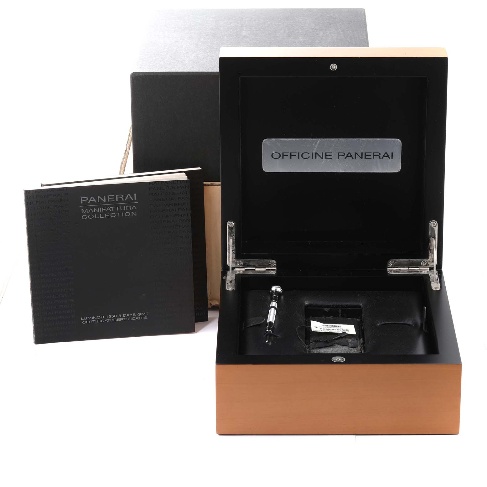 This image shows the open presentation box, manual, and accessories for a Panerai Luminor PAM00289 Men's Rose Gold Brown Dial PAM00289 Men's Rose Gold Brown Dial watch.