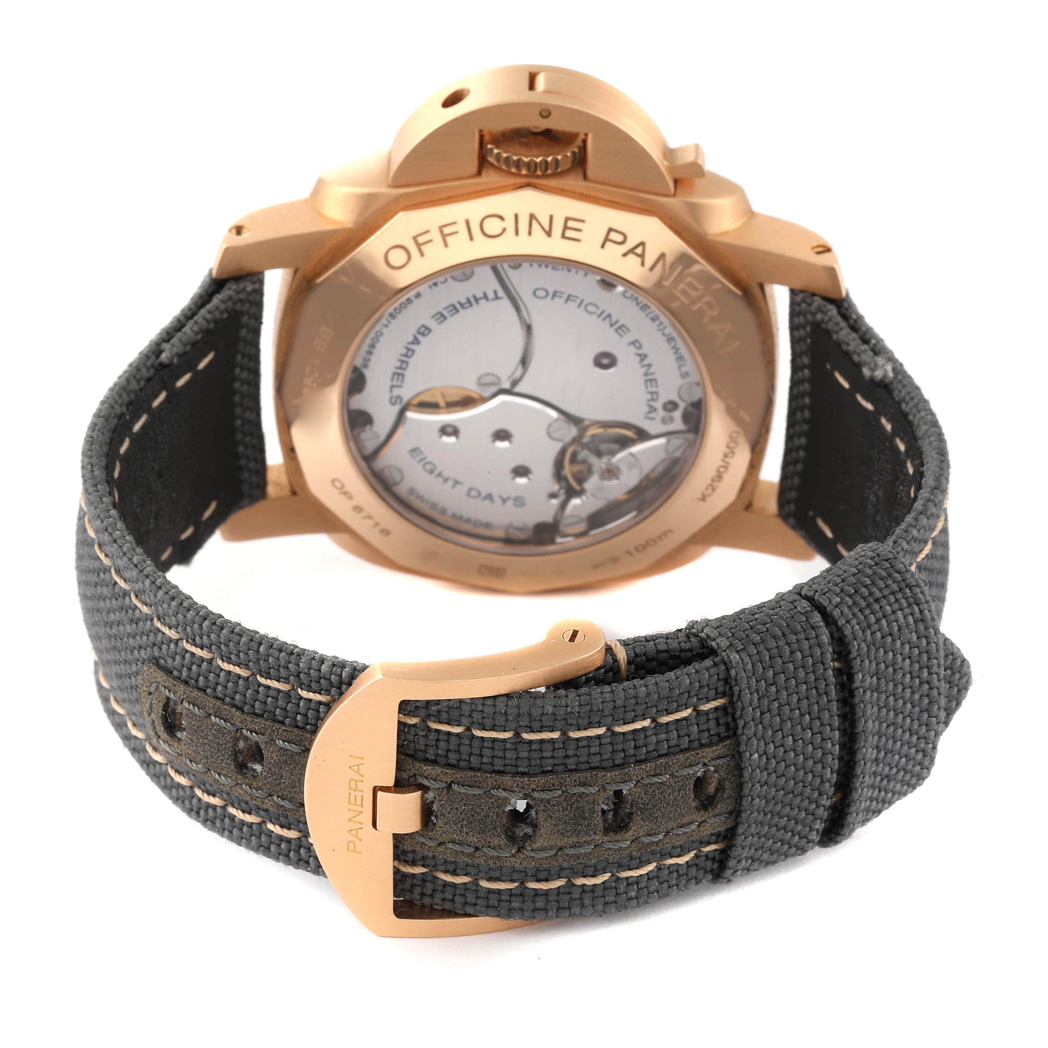 The image shows the back of the Panerai Luminor PAM00289 Men's Rose Gold Brown Dial PAM00289 Men's Rose Gold Brown Dial watch, highlighting the case back and the strap with the buckle. 