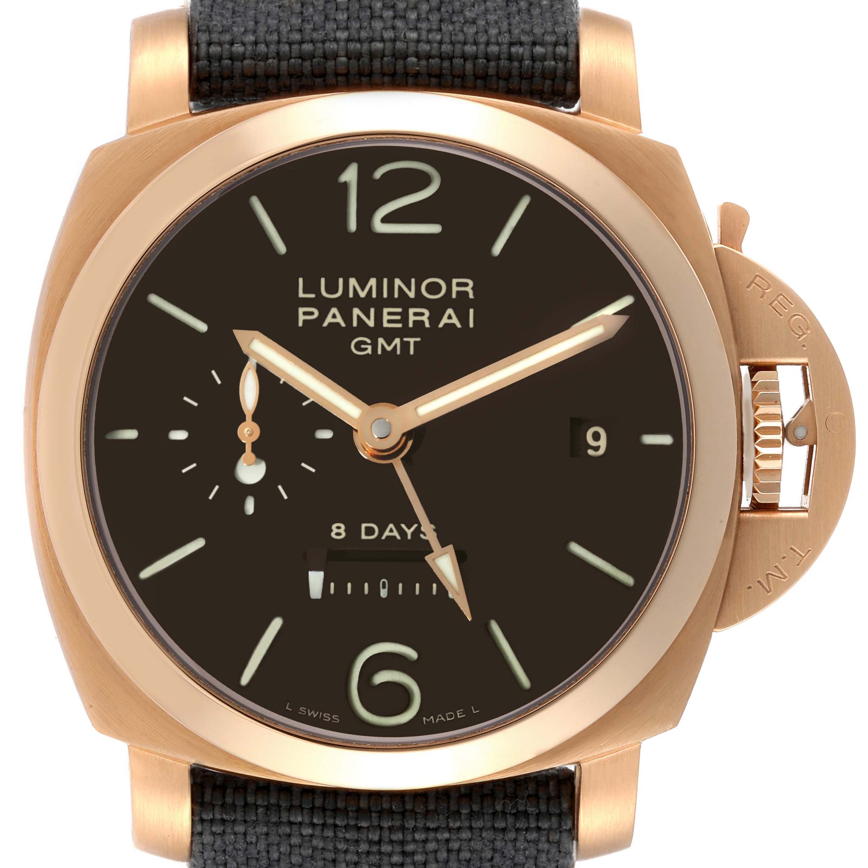 This image shows a front view of the Panerai Luminor PAM00289 Men's Rose Gold Brown Dial PAM00289 Men's Rose Gold Brown Dial model watch, highlighting the dial, bezel, crown guard, and strap.