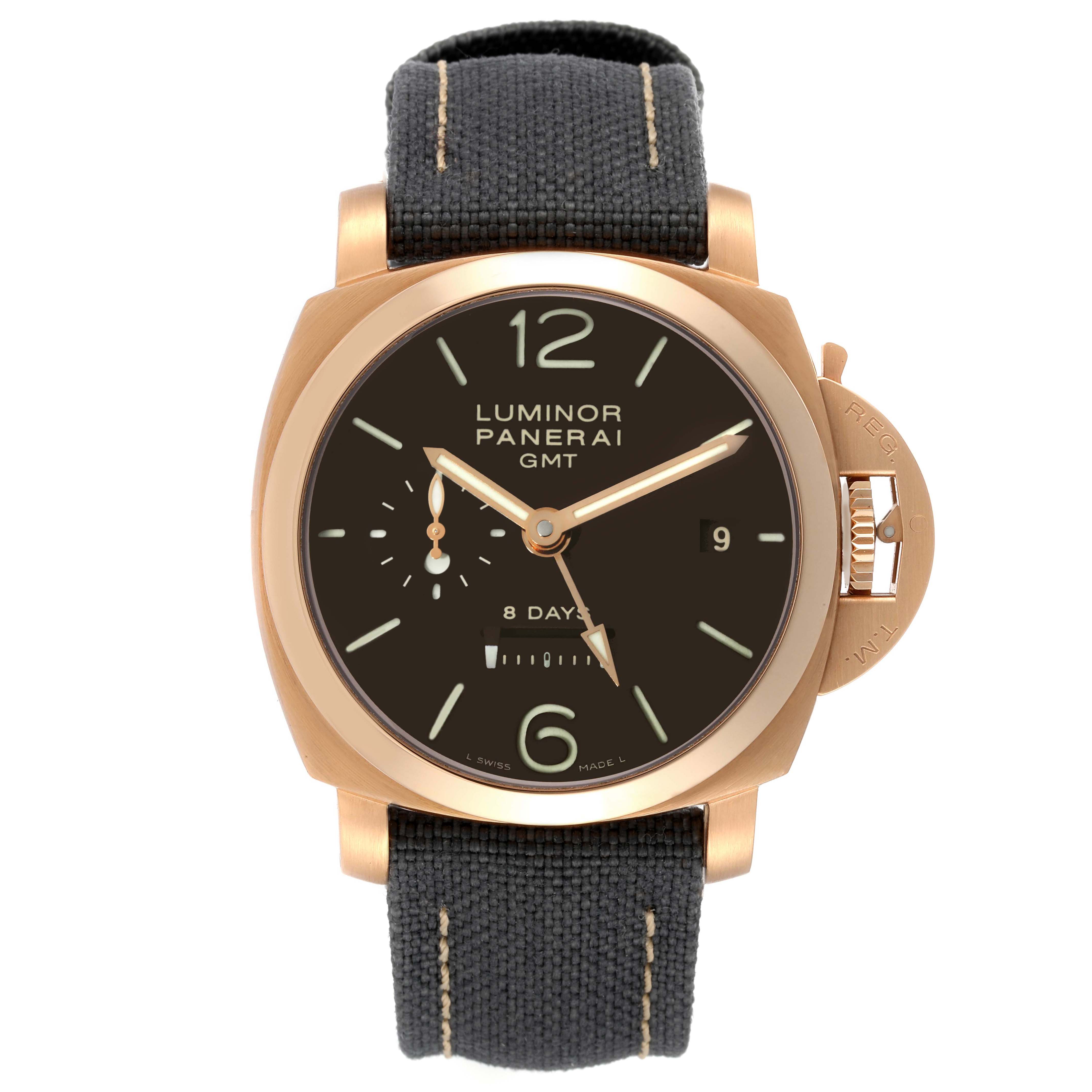 The image shows a front view of a Panerai Luminor PAM00289 Men's Rose Gold Brown Dial PAM00289 Men's Rose Gold Brown Dial GMT watch, highlighting the dial, case, and strap.