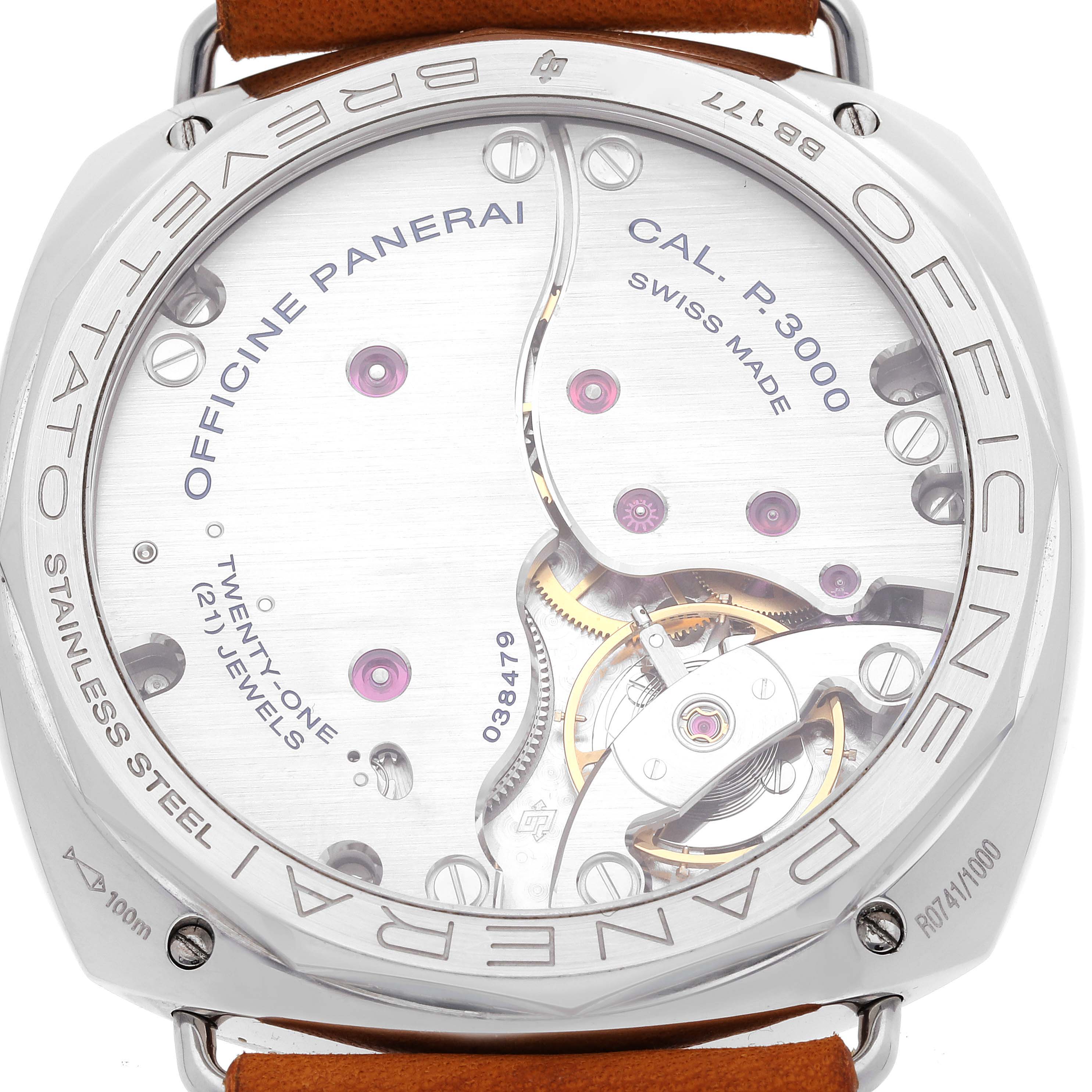 The image shows the back view of a Panerai Radiomir PAM00425 Men's Stainless Steel Black Dial PAM00425 Men's Stainless Steel Black Dial watch, displaying its P.3000 caliber movement.