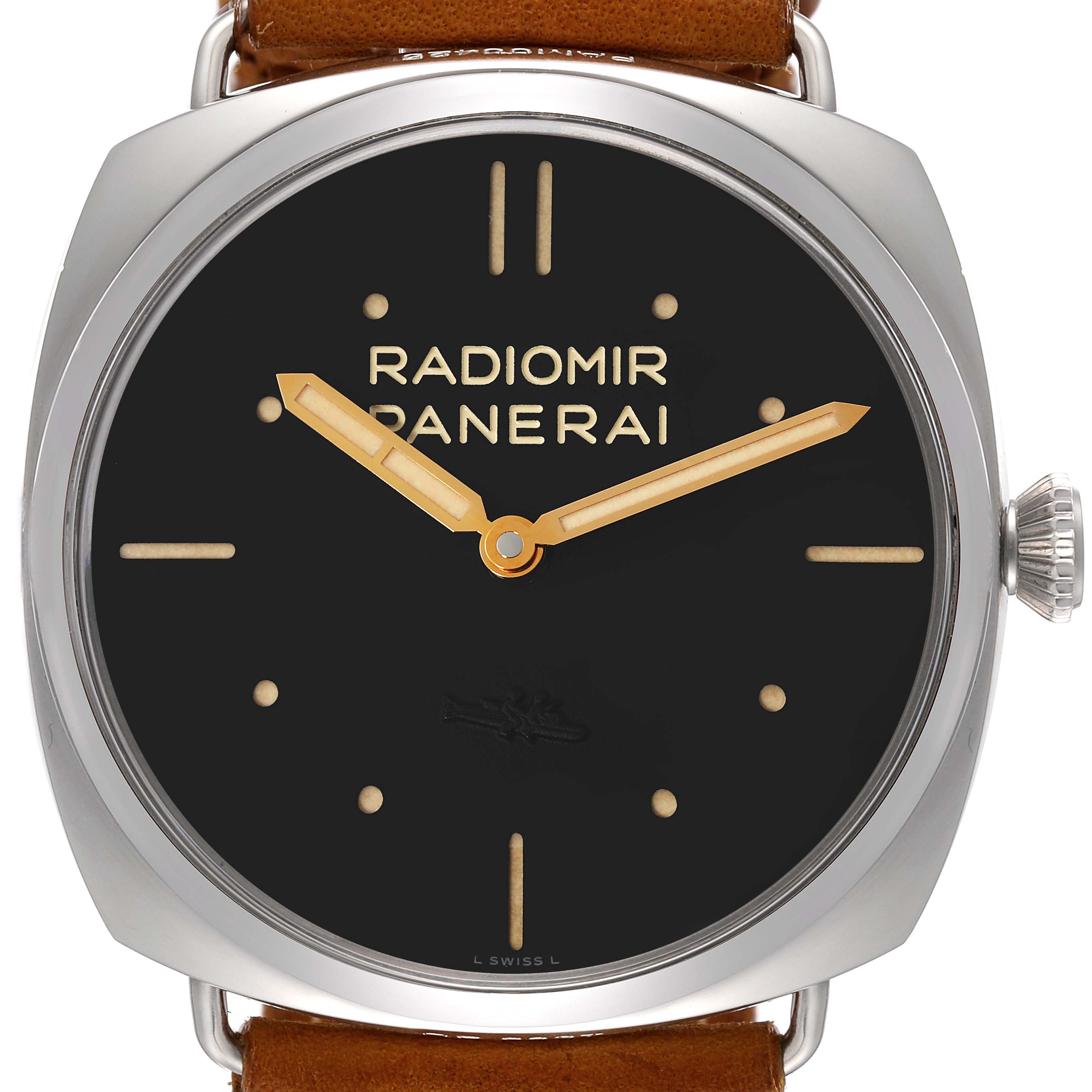 This Panerai Radiomir PAM00425 Men's Stainless Steel Black Dial PAM00425 Men's Stainless Steel Black Dial watch is shown straight on, highlighting the dial, hands, and part of the leather strap.