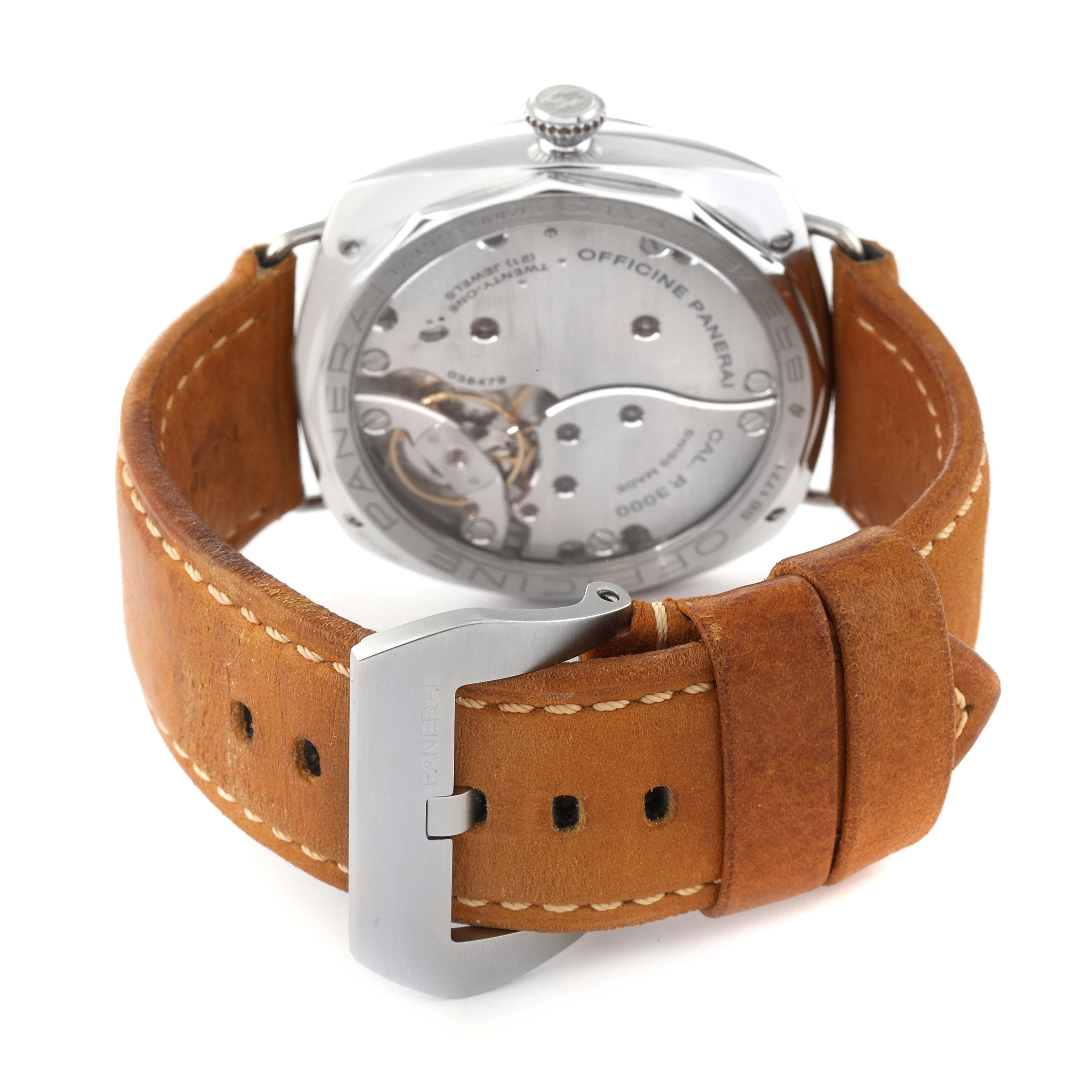 The image shows the back view of a Panerai Radiomir PAM00425 Men's Stainless Steel Black Dial PAM00425 Men's Stainless Steel Black Dial watch, highlighting the mechanism and leather strap with a buckle.