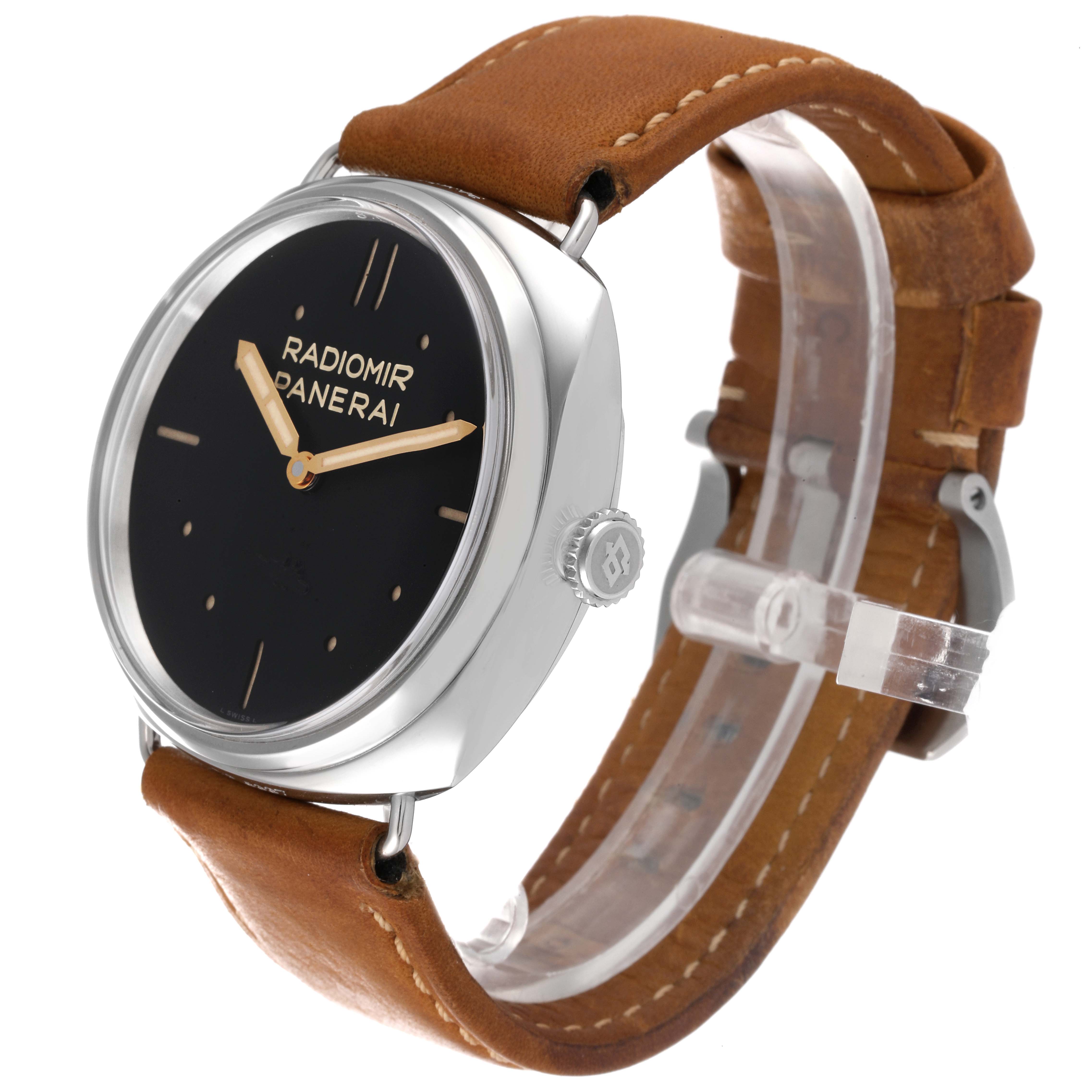 This Panerai Radiomir PAM00425 Men's Stainless Steel Black Dial PAM00425 Men's Stainless Steel Black Dial watch is shown from an angled side view, highlighting the face, crown, and brown leather strap.