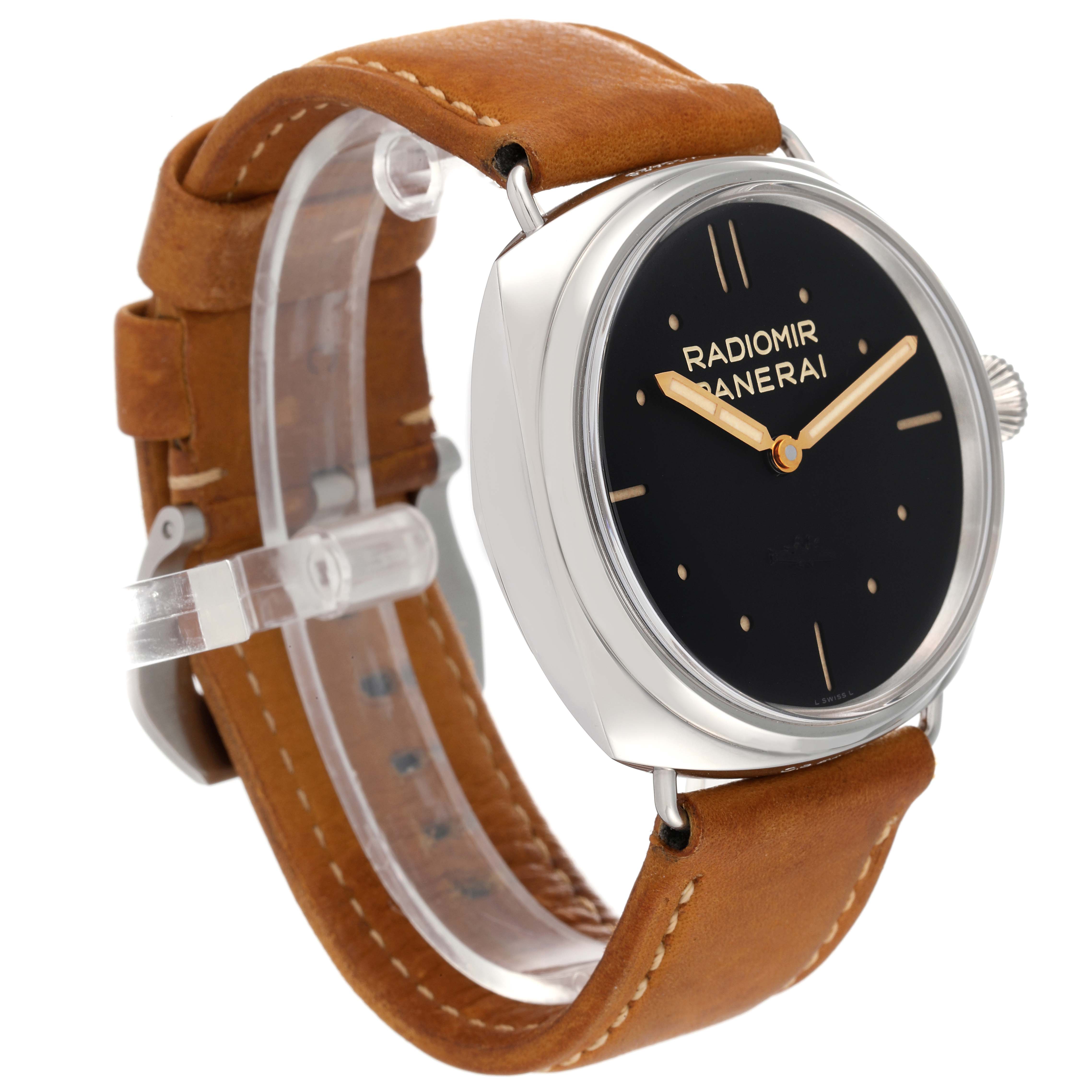 This image shows a side angle of a Panerai Radiomir PAM00425 Men's Stainless Steel Black Dial PAM00425 Men's Stainless Steel Black Dial watch featuring its black dial, brown leather strap, and crown.
