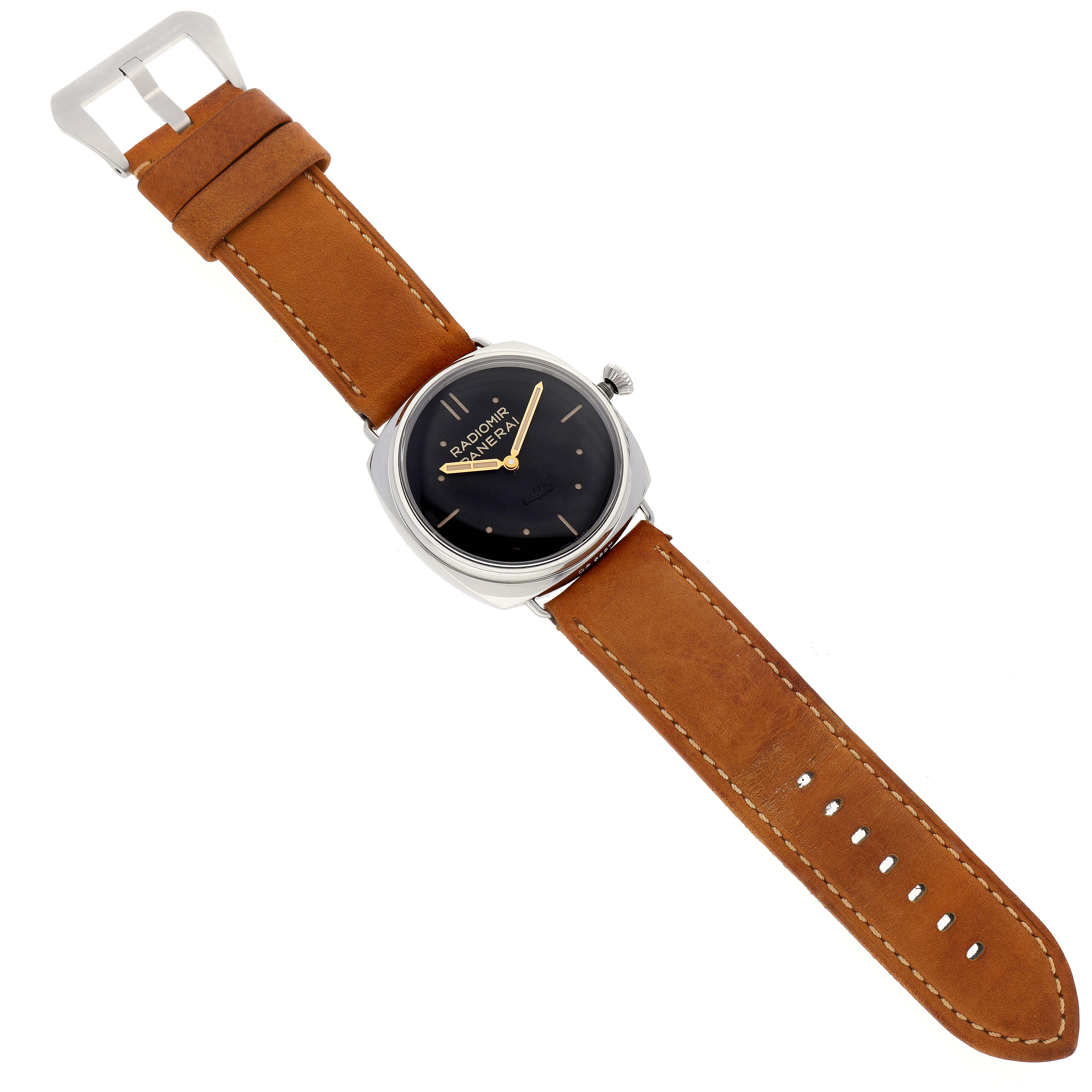 The image shows a Panerai Radiomir PAM00425 Men's Stainless Steel Black Dial PAM00425 Men's Stainless Steel Black Dial watch, photographed from above, displaying the entire watch including the strap and dial face.