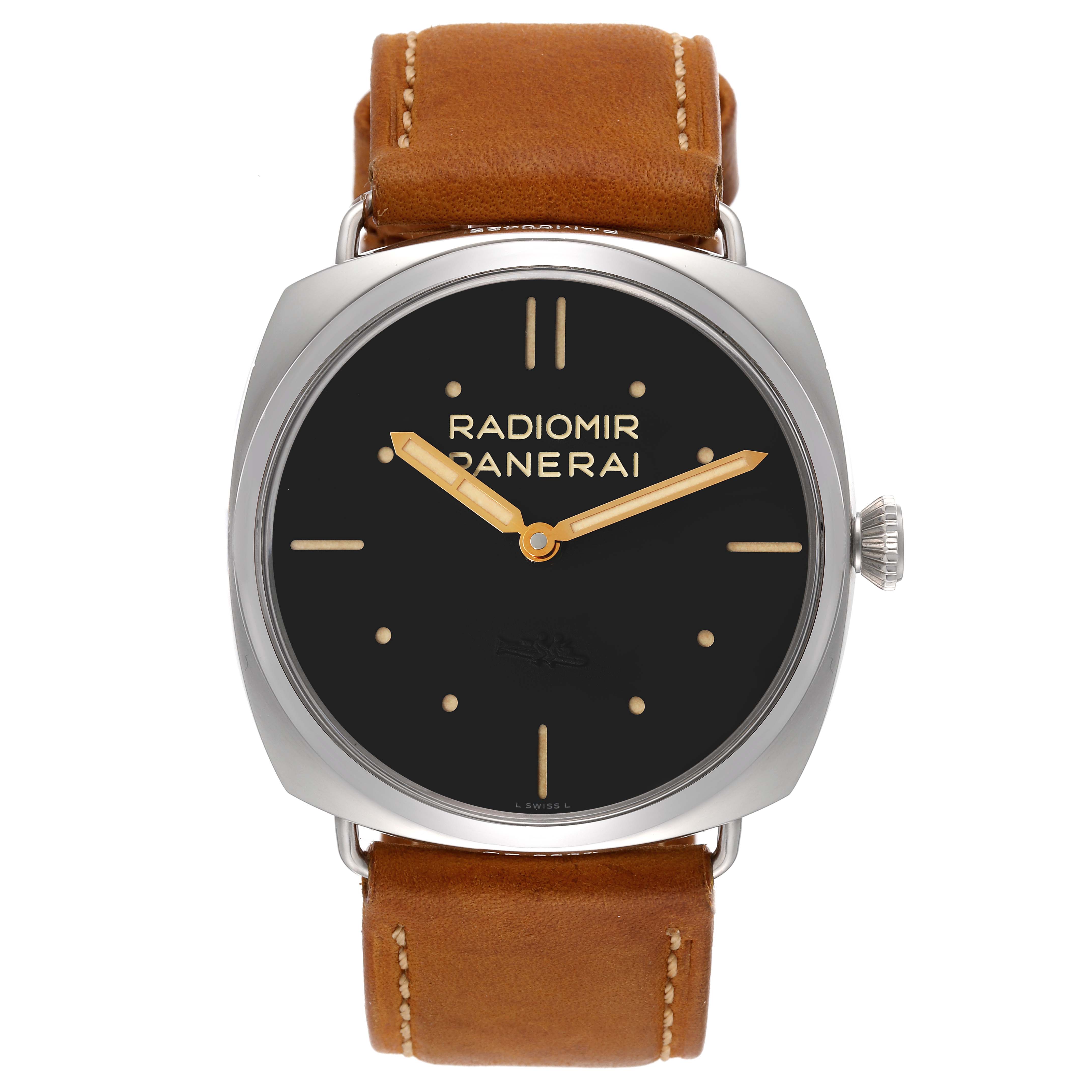 This image shows a front view of a Panerai Radiomir PAM00425 Men's Stainless Steel Black Dial PAM00425 Men's Stainless Steel Black Dial watch, displaying its dial, case, crown, and leather strap.