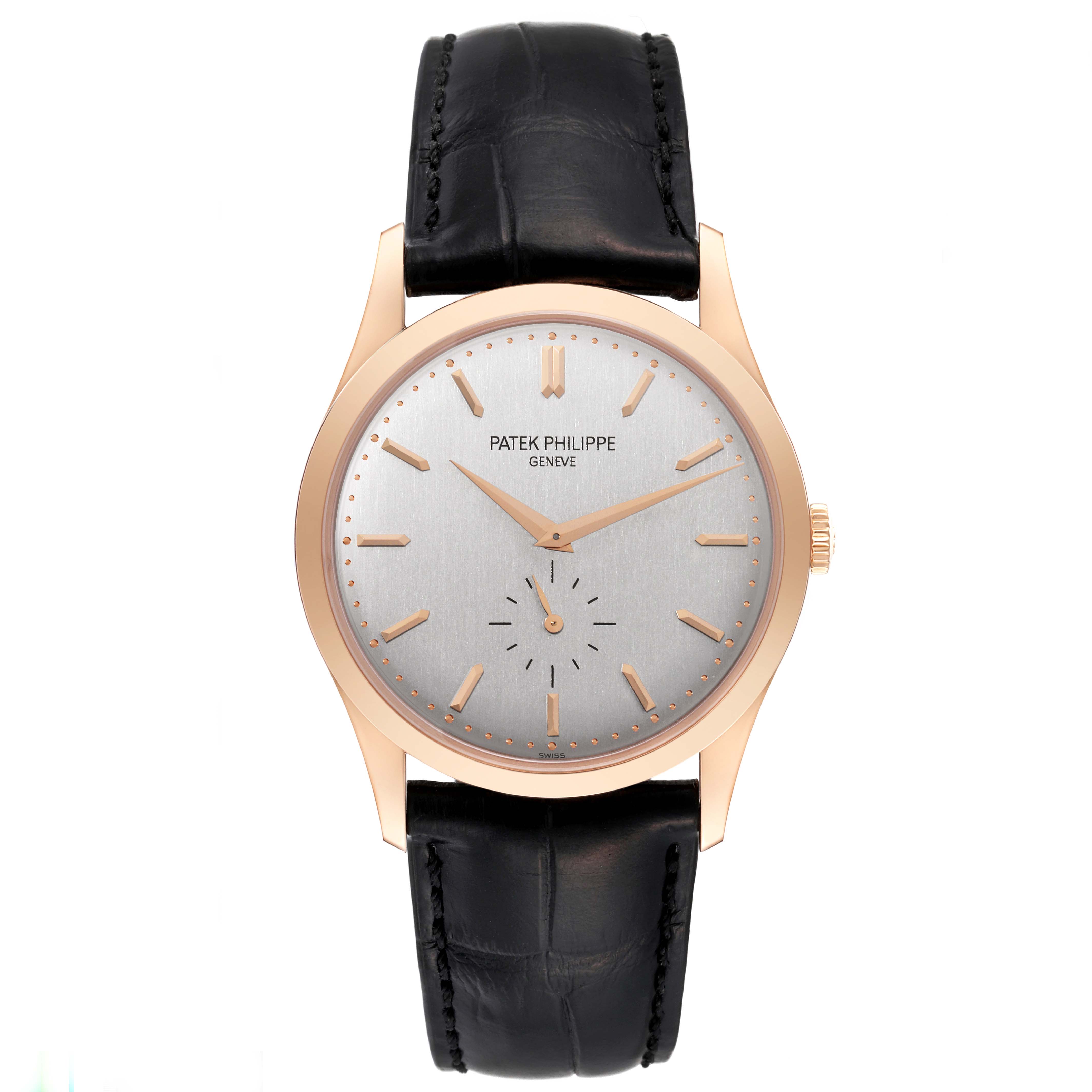 This image shows a front view of the Patek Philippe Calatrava 5196R-001 Men's Rose Gold Silver Dial 5196R-001 Men's Rose Gold Silver Dial watch, displaying its dial, hands, markers, case, and leather strap.