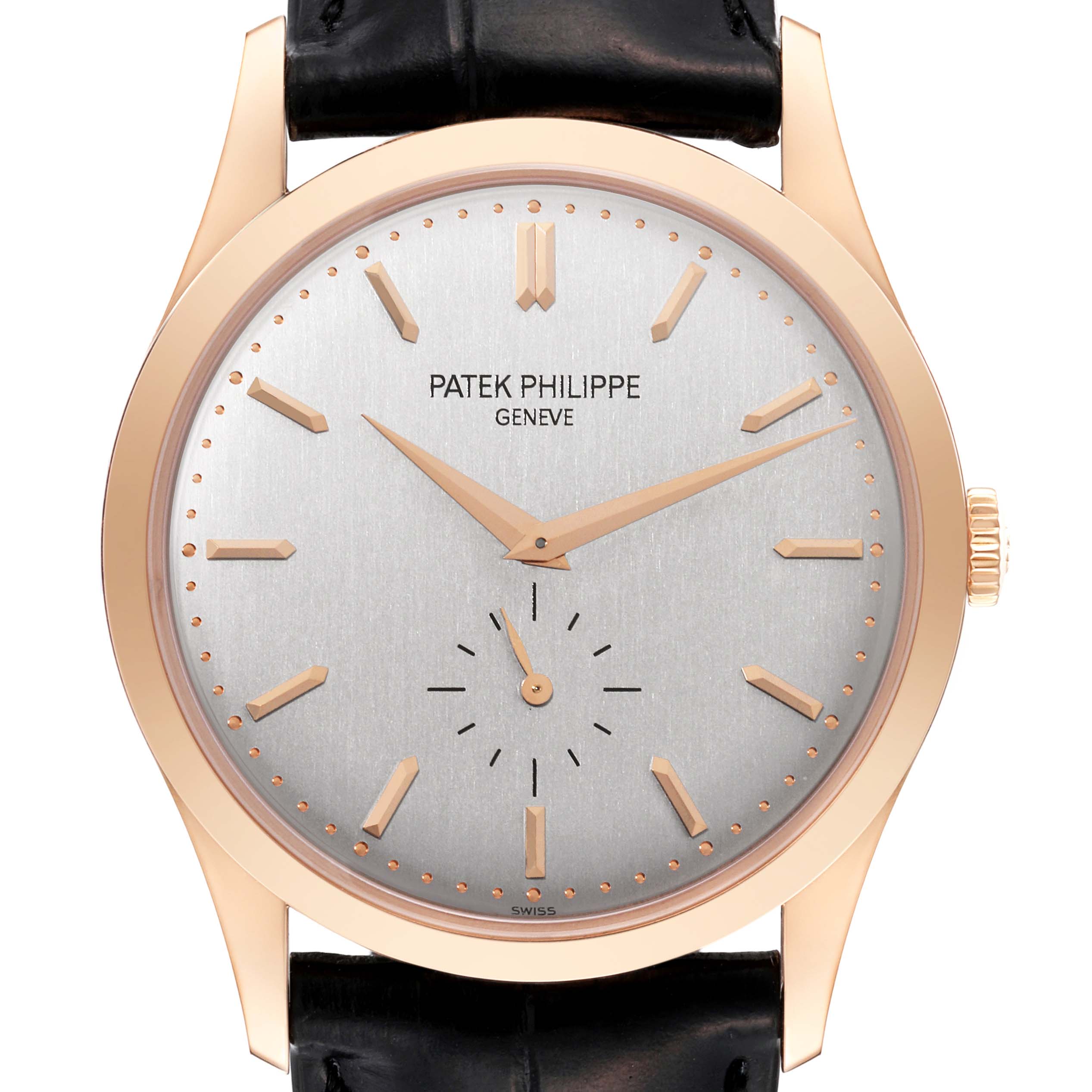 The image shows a front view of a Patek Philippe Calatrava 5196R-001 Men's Rose Gold Silver Dial 5196R-001 Men's Rose Gold Silver Dial watch, highlighting its face, hands, and part of the leather strap.