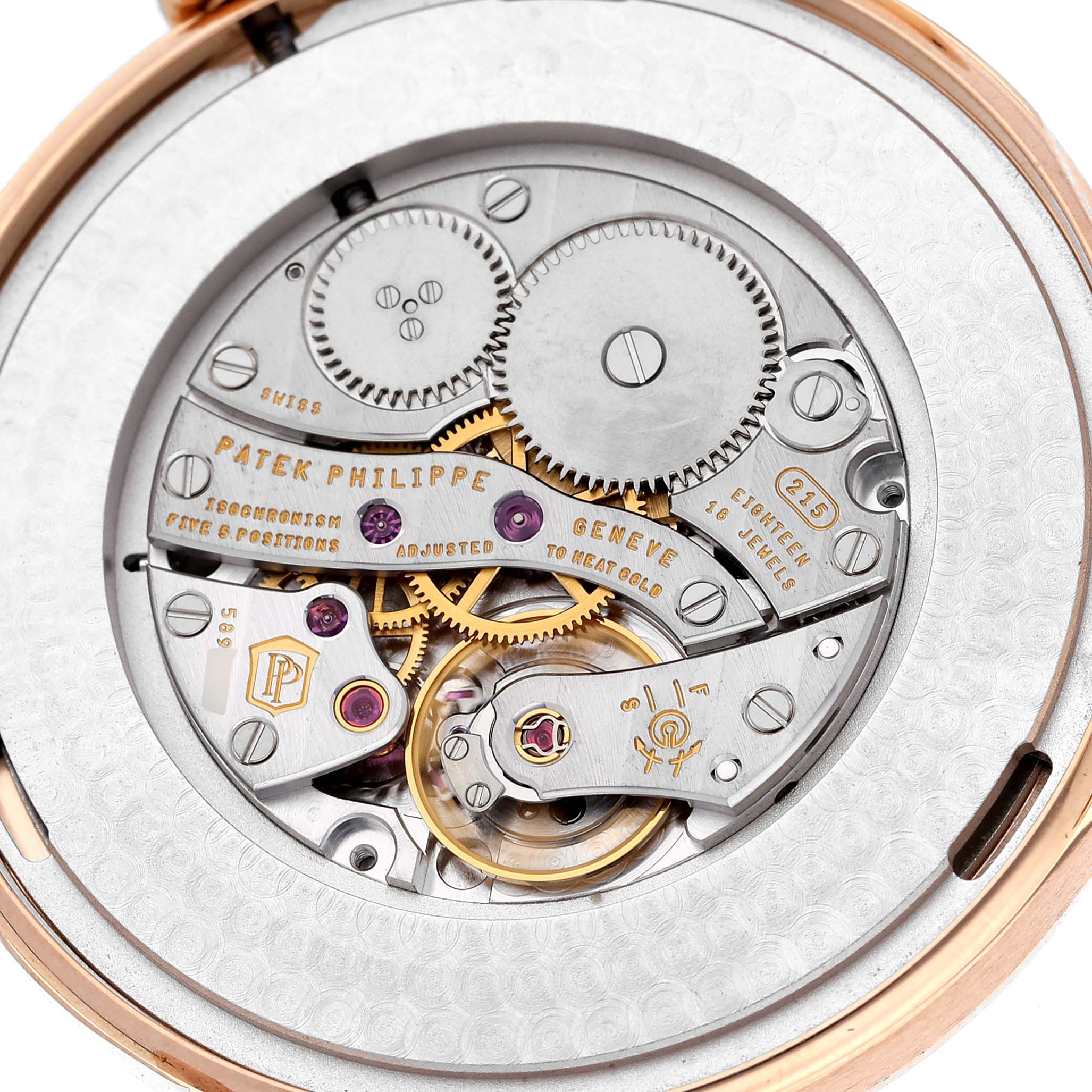 The image shows the intricate internal movement components of the Patek Philippe Calatrava 5196R-001 Men's Rose Gold Silver Dial 5196R-001 Men's Rose Gold Silver Dial watch.