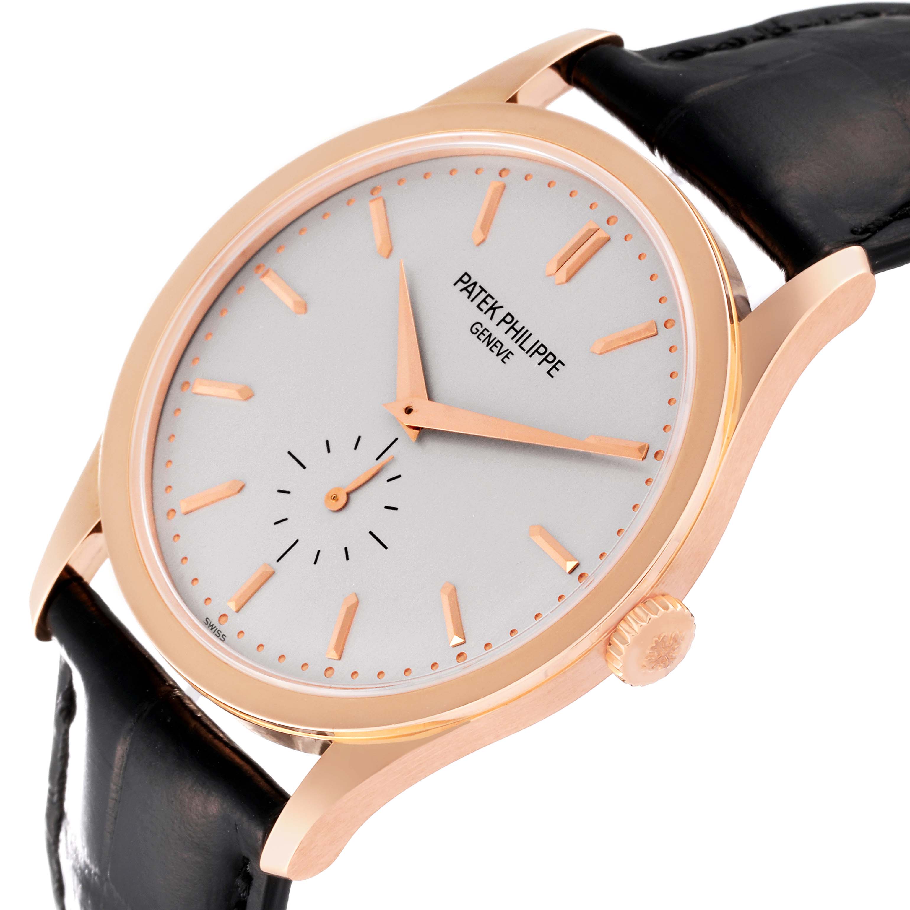 The Patek Philippe Calatrava 5196R-001 Men's Rose Gold Silver Dial 5196R-001 Men's Rose Gold Silver Dial watch is shown from a slightly angled side view, displaying the face, crown, and part of the black strap.