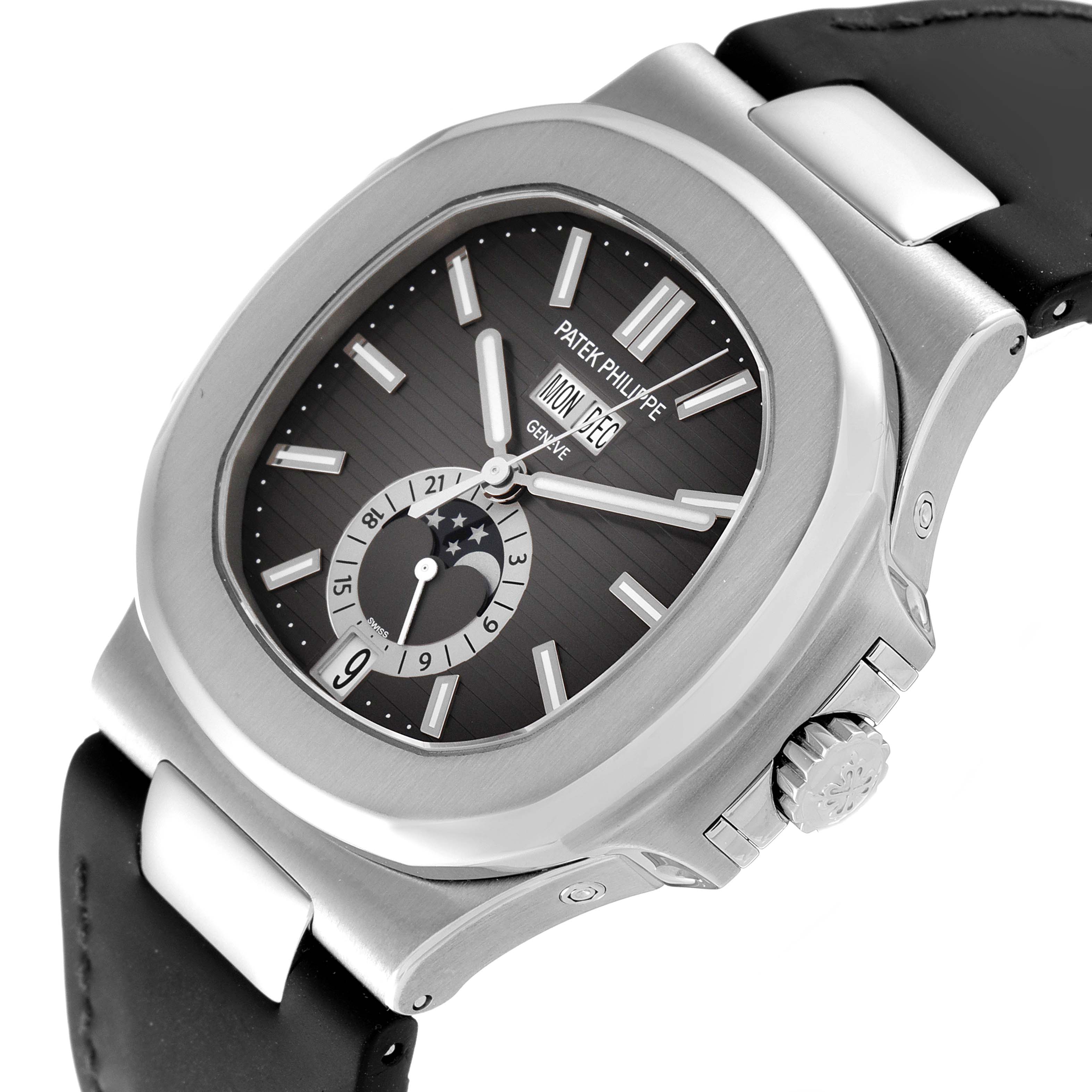 The Patek Philippe Nautilus 5726A-001 Men's Stainless Steel Black Dial 5726A-001 Men's Stainless Steel Black Dial watch is shown at an angle highlighting the dial, crown, and part of the black strap.