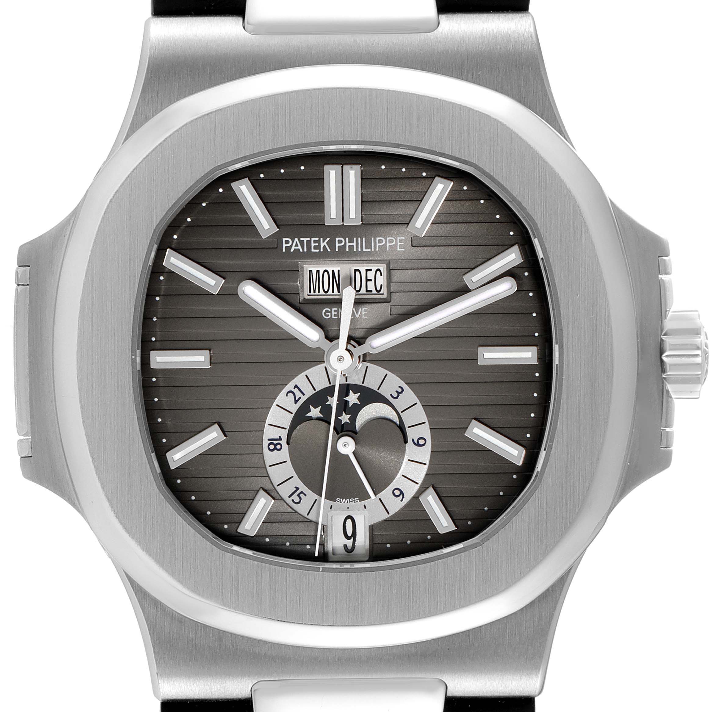The image shows a front view of the Patek Philippe Nautilus 5726A-001 Men's Stainless Steel Black Dial 5726A-001 Men's Stainless Steel Black Dial watch, showcasing its dial, hands, and bezel.