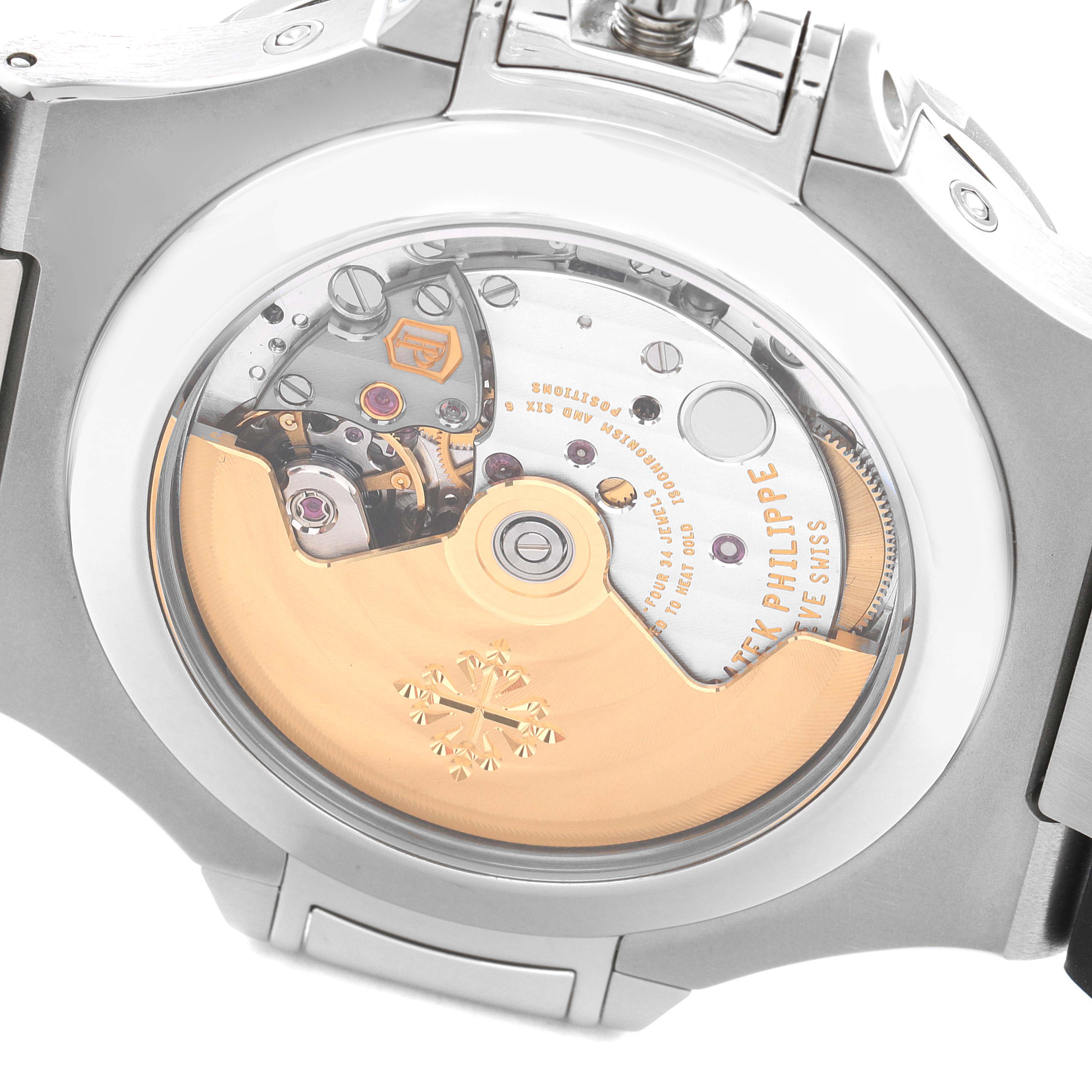 This image shows the back view of a Patek Philippe Nautilus 5726A-001 Men's Stainless Steel Black Dial 5726A-001 Men's Stainless Steel Black Dial watch, highlighting its intricate mechanical movement.