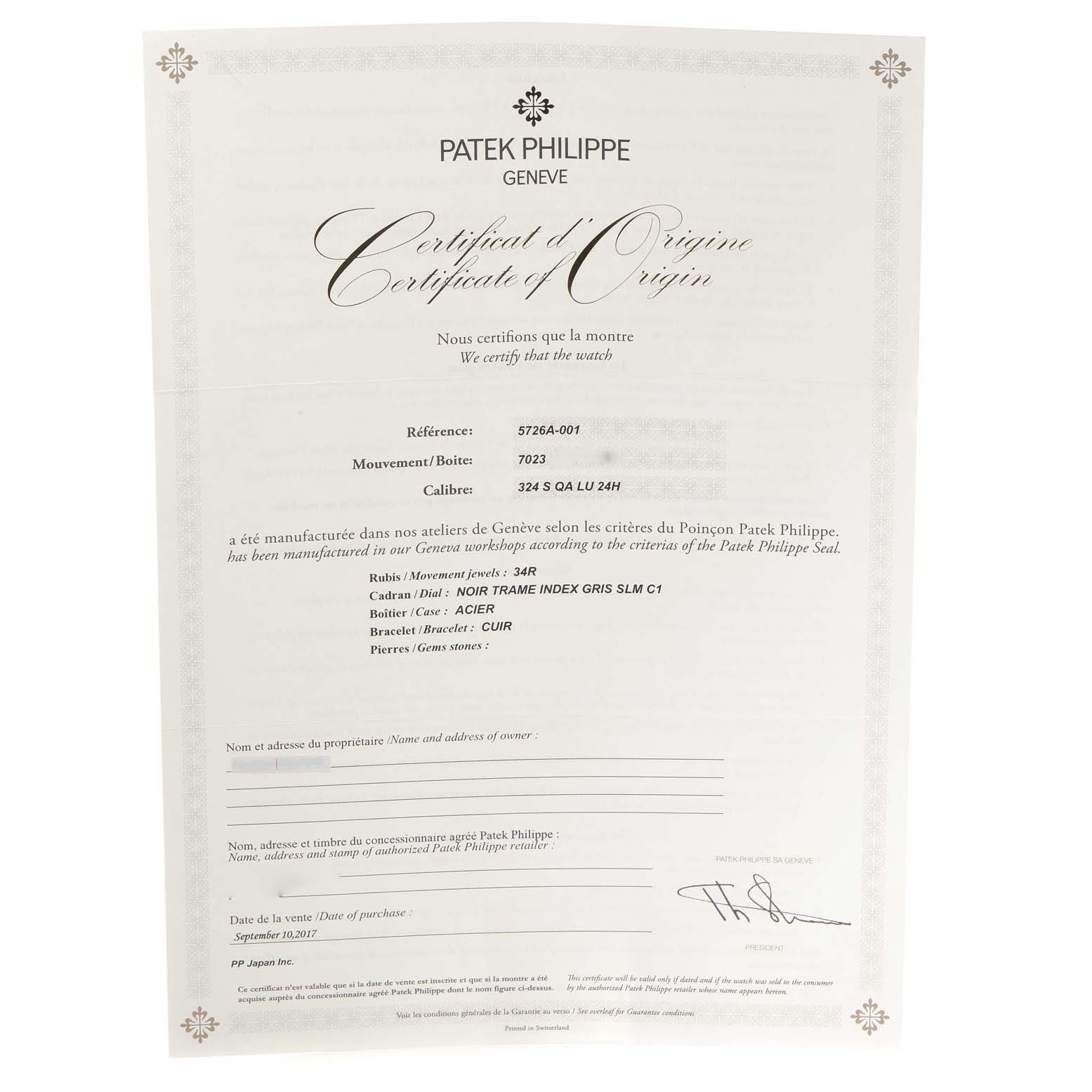 This image shows the Certificate of Origin for the Patek Philippe Nautilus 5726A-001 Men's Stainless Steel Black Dial 5726A-001 Men's Stainless Steel Black Dial model 5726A-001.