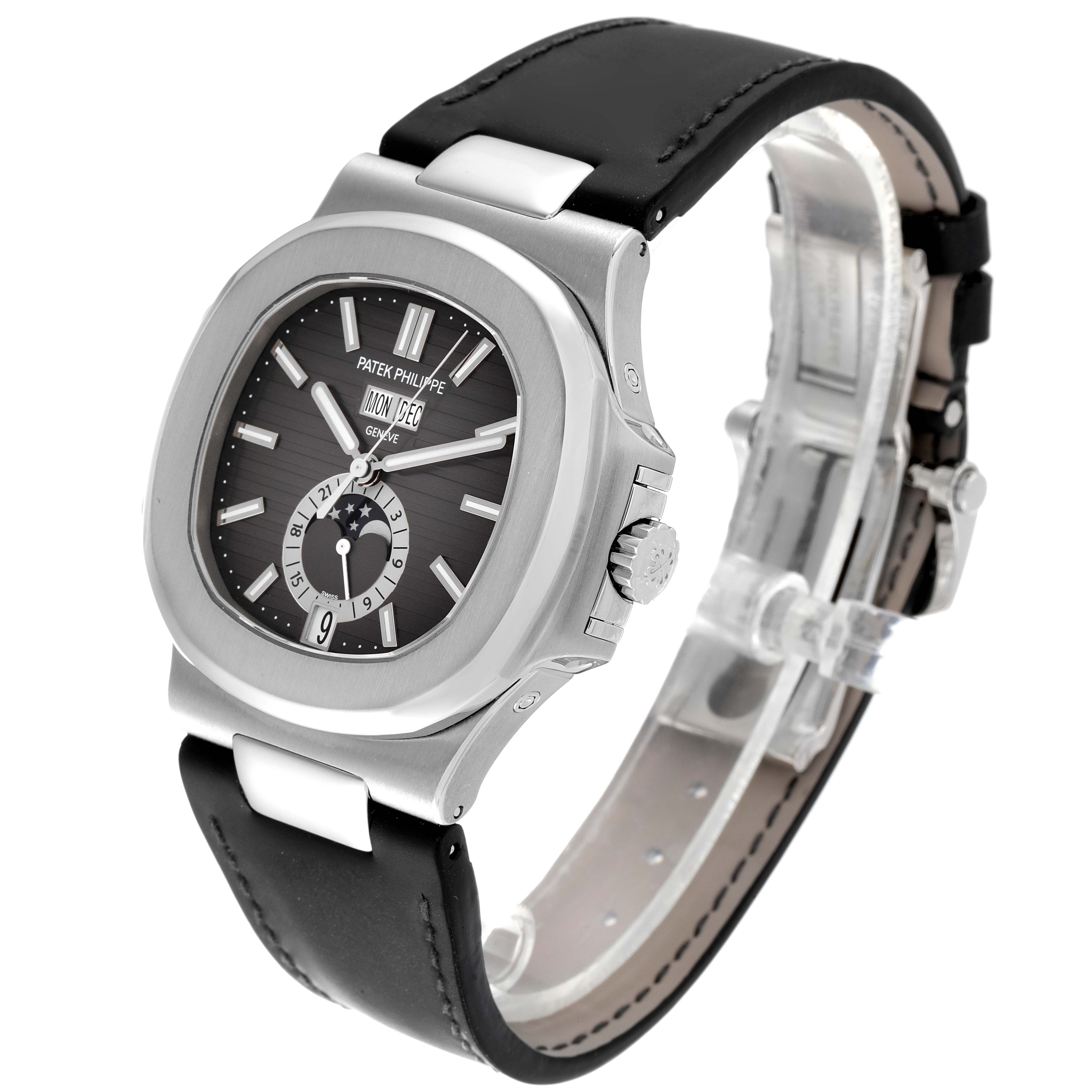 The image shows a Patek Philippe Nautilus 5726A-001 Men's Stainless Steel Black Dial 5726A-001 Men's Stainless Steel Black Dial watch at an angled side view, highlighting its face, crown, and black leather strap.