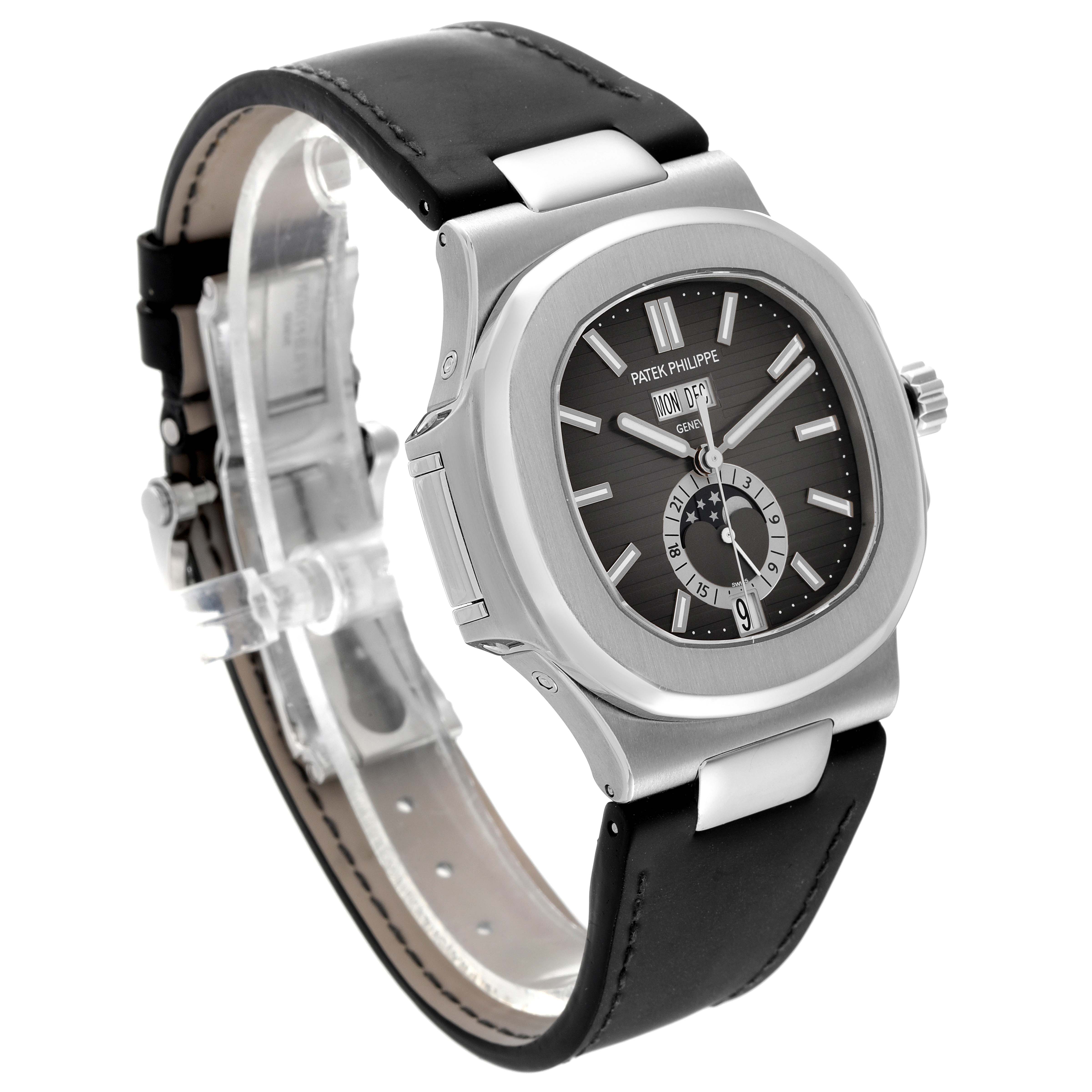 This image shows a Patek Philippe Nautilus 5726A-001 Men's Stainless Steel Black Dial 5726A-001 Men's Stainless Steel Black Dial watch at a three-quarter angle, highlighting the dial, case, strap, and crown.