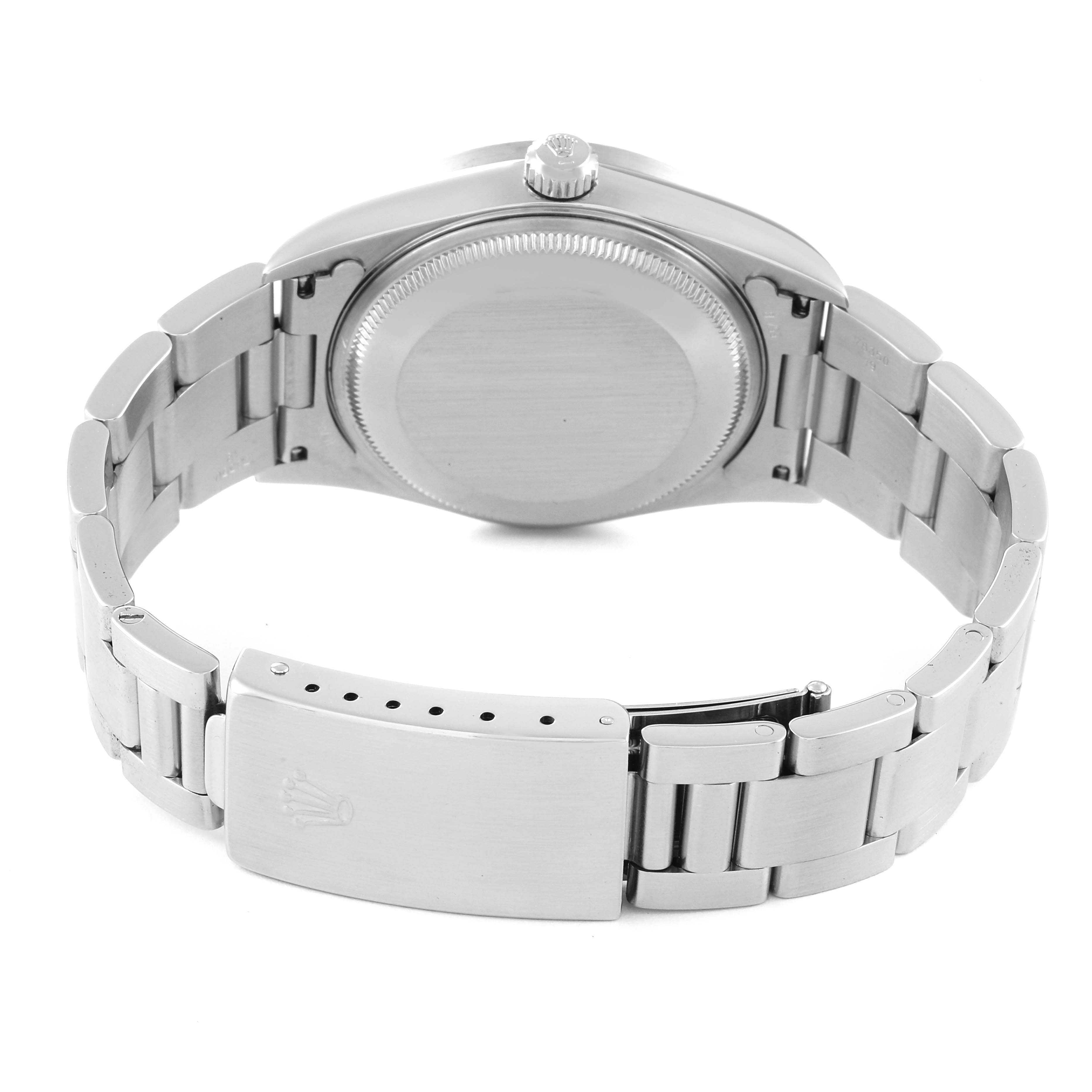 The image shows the back view of the Rolex Air-King 14010 Men's Stainless Steel Black Dial 14010 Men's Stainless Steel Black Dial watch, highlighting its bracelet, clasp, and caseback.