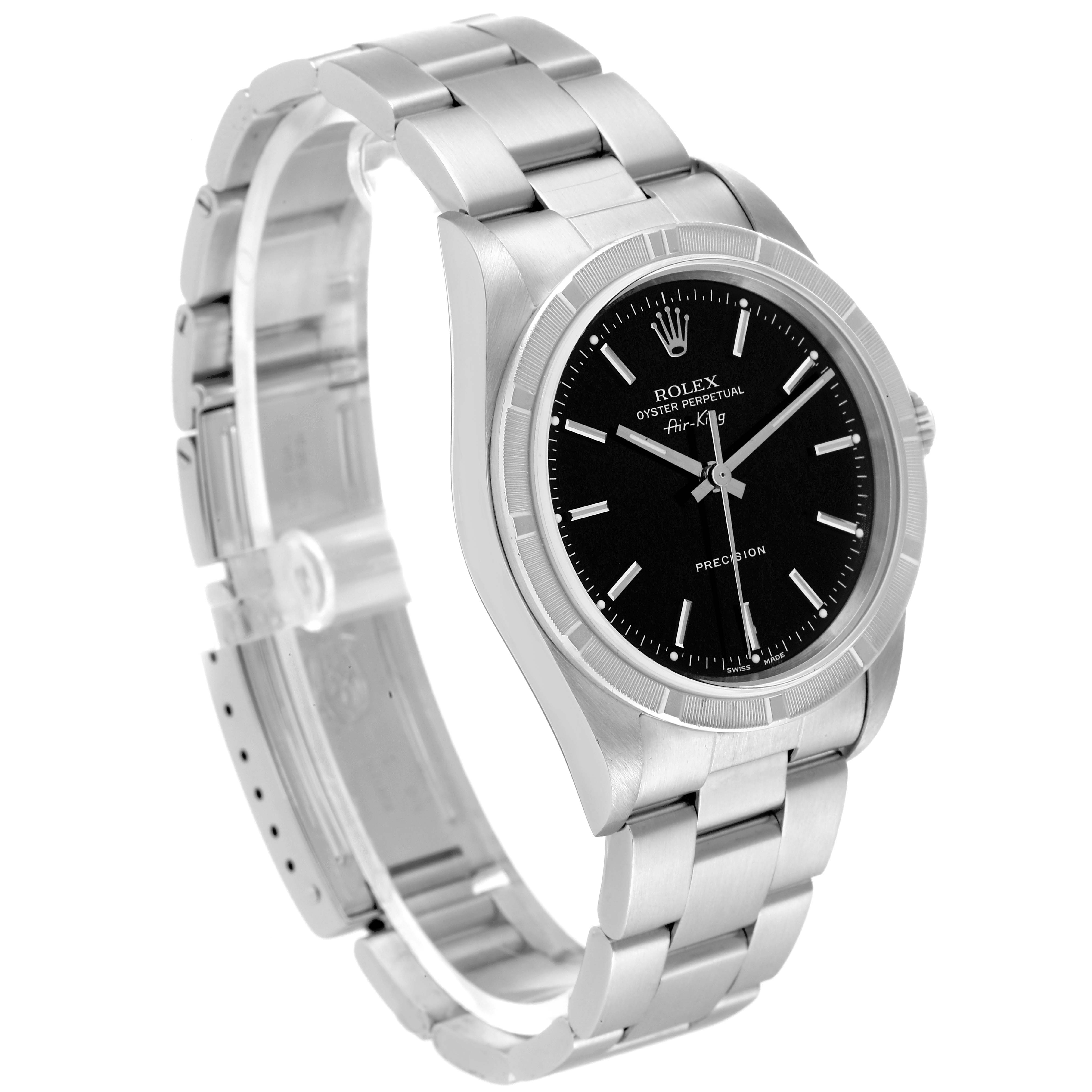 The image shows a Rolex Air-King 14010 Men's Stainless Steel Black Dial 14010 Men's Stainless Steel Black Dial watch at a three-quarter angle, highlighting its black dial, stainless steel bracelet, and case.