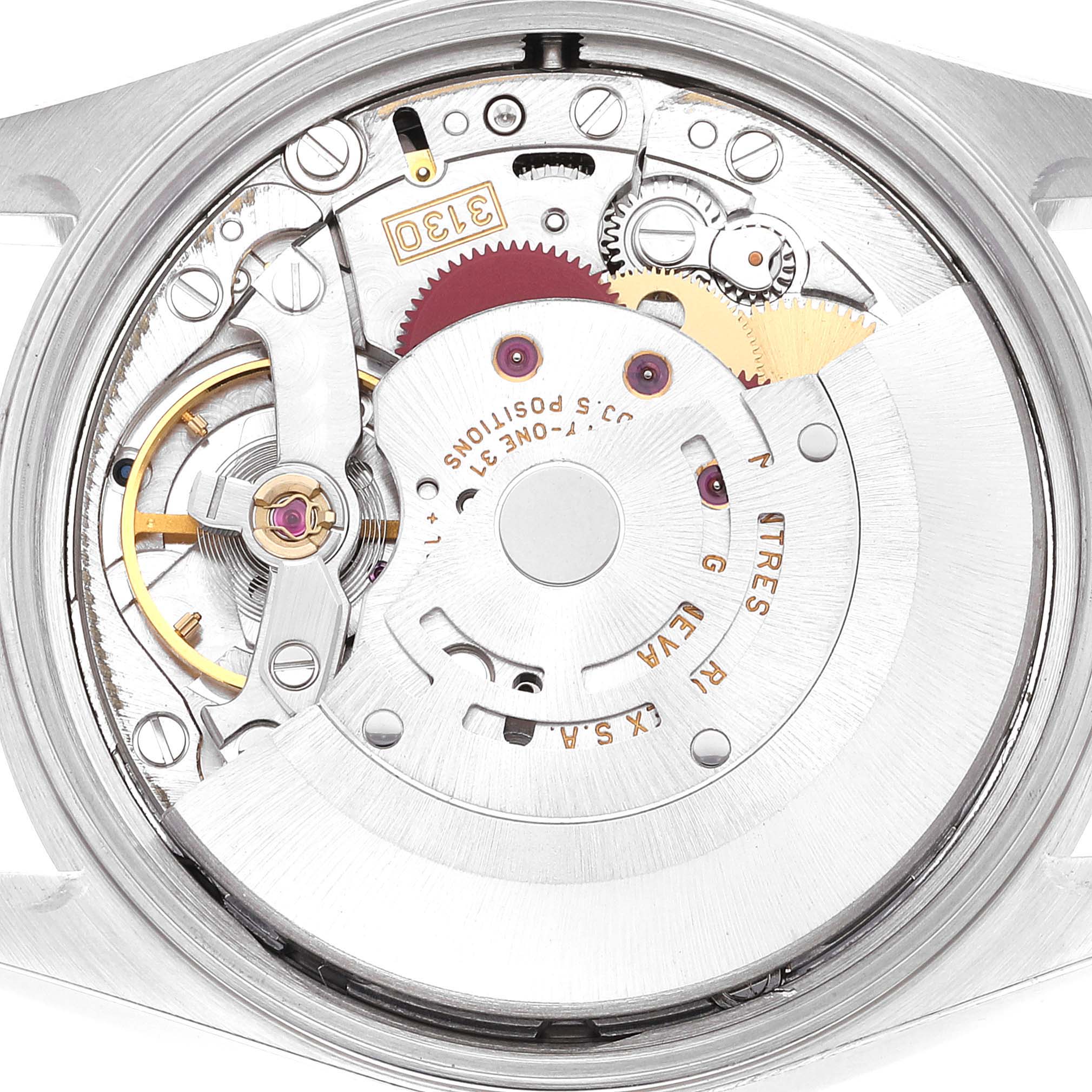The image shows a close-up of the internal mechanism of a Rolex Air-King 14010 Men's Stainless Steel Black Dial 14010 Men's Stainless Steel Black Dial watch from a top-down angle.