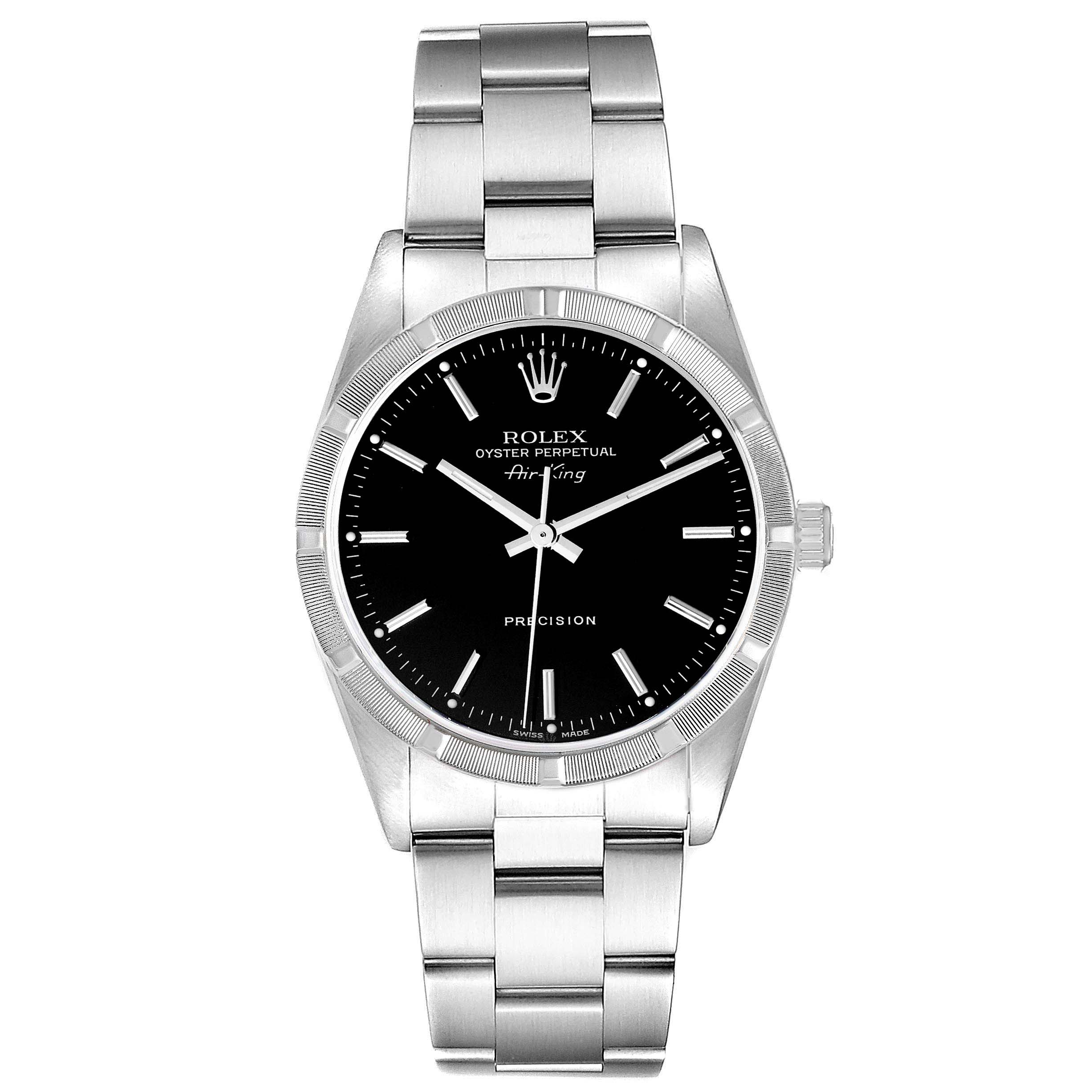 The Rolex Air-King 14010 Men's Stainless Steel Black Dial 14010 Men's Stainless Steel Black Dial watch is shown from the front with a clear view of its face, bezel, crown, and bracelet.