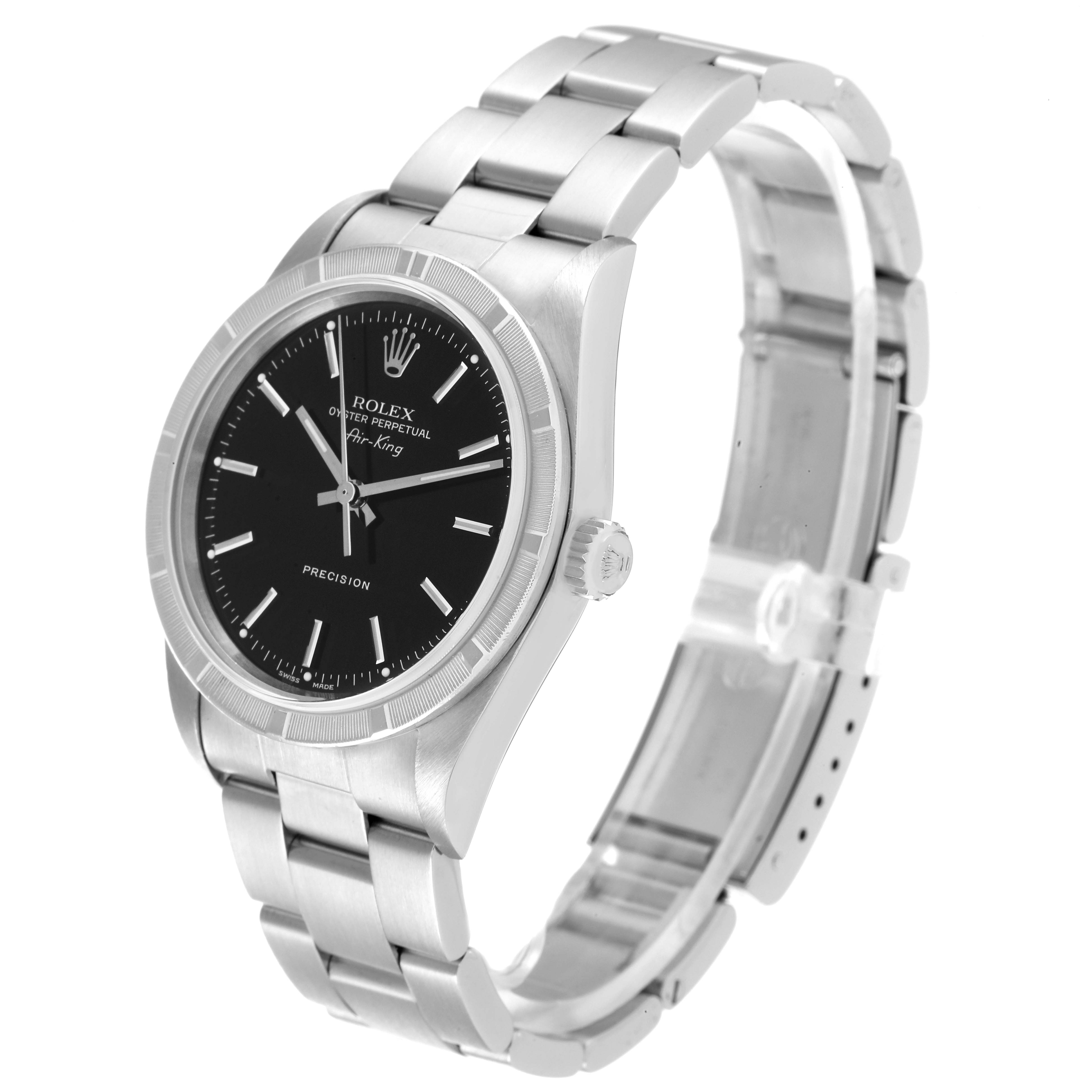 The image shows a Rolex Air-King 14010 Men's Stainless Steel Black Dial 14010 Men's Stainless Steel Black Dial watch at a three-quarter angle, highlighting its black dial, bezel, crown, and stainless steel bracelet.