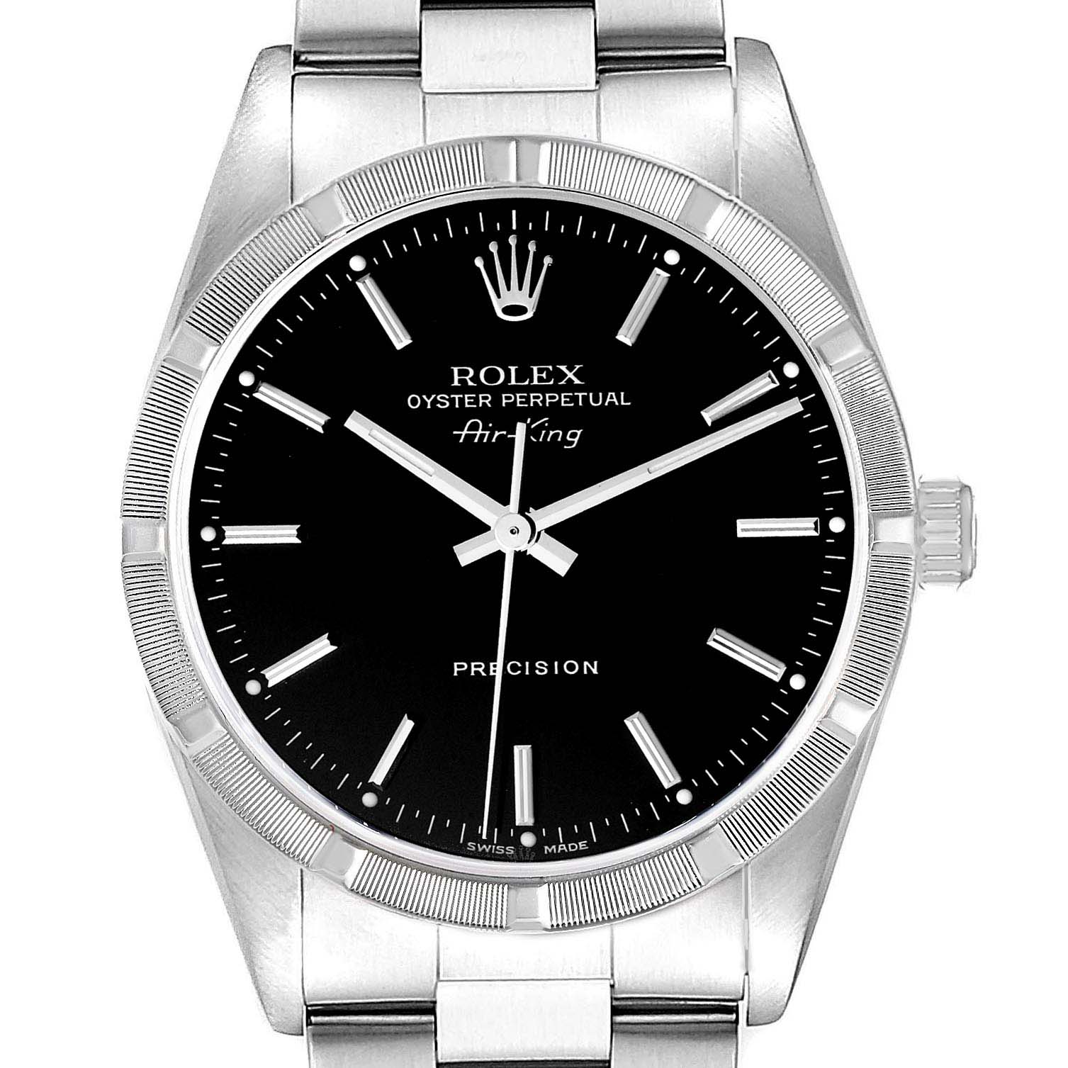 This image shows a front-facing view of the Rolex Air-King 14010 Men's Stainless Steel Black Dial 14010 Men's Stainless Steel Black Dial watch, focusing on the dial, bezel, and part of the bracelet.