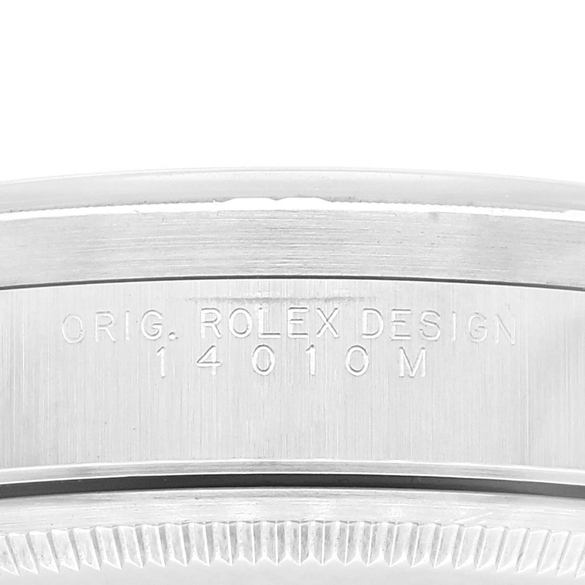 The image shows a close-up of the side of a Rolex Air-King 14010 Men's Stainless Steel Black Dial 14010 Men's Stainless Steel Black Dial watch, highlighting the engraved "ORIG. ROLEX DESIGN" and model number "14010M."