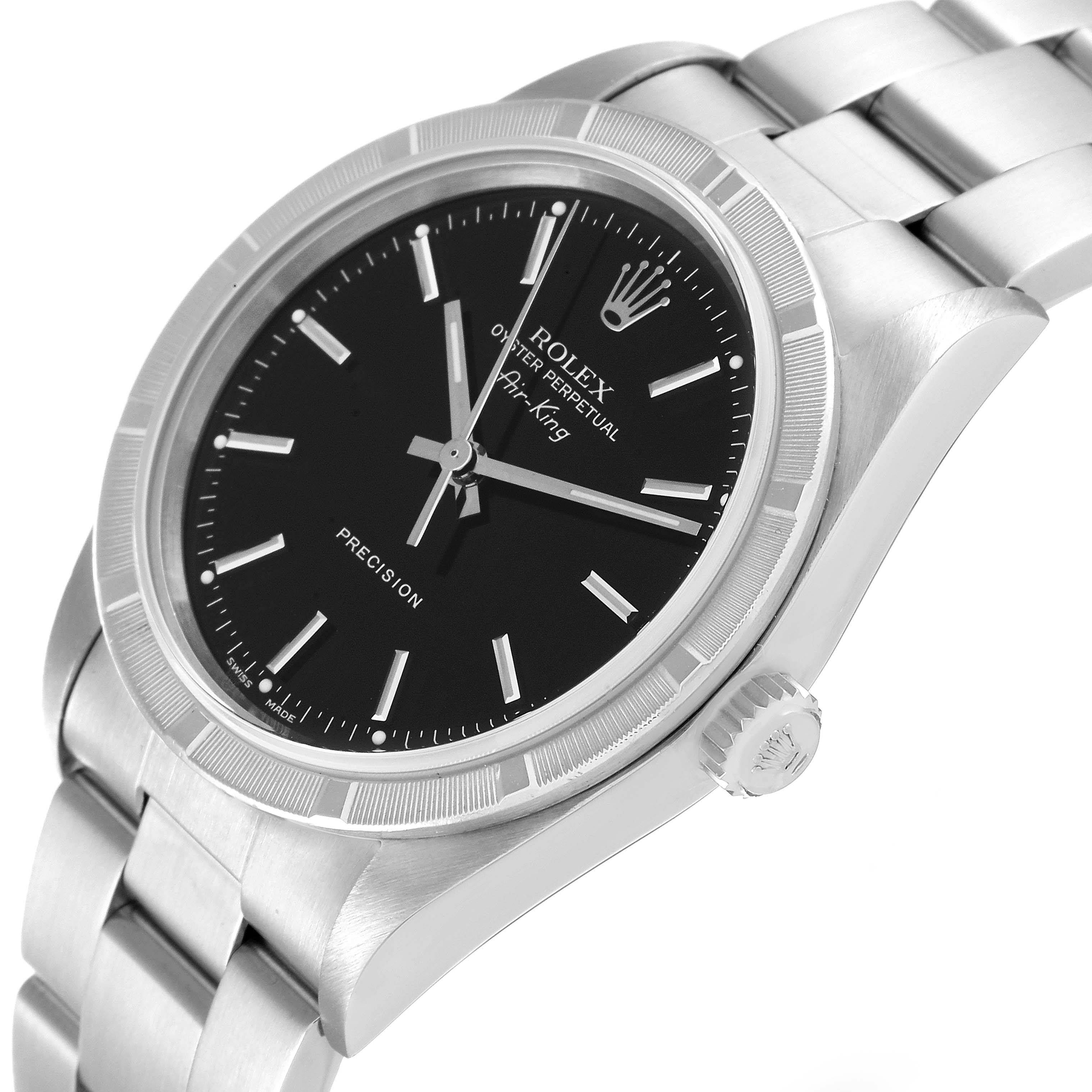 The image shows a close-up, angled view of the Rolex Air-King 14010 Men's Stainless Steel Black Dial 14010 Men's Stainless Steel Black Dial watch, highlighting the black dial and bracelet.