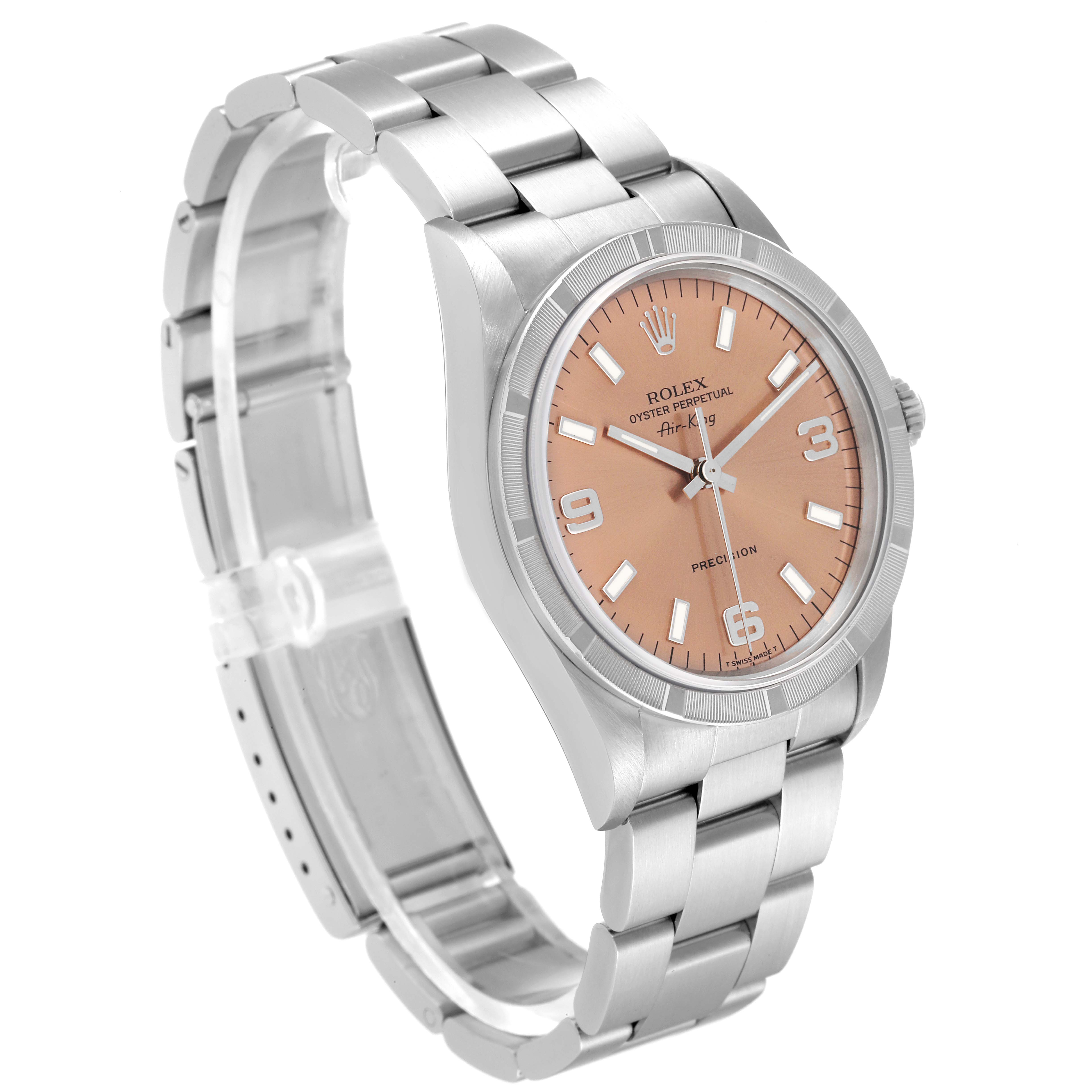 The image shows a three-quarter angled view of a Rolex Air-King 14010 Men's Stainless Steel Pink Dial 14010 Men's Stainless Steel Pink Dial watch, highlighting the dial, bezel, and metal bracelet.