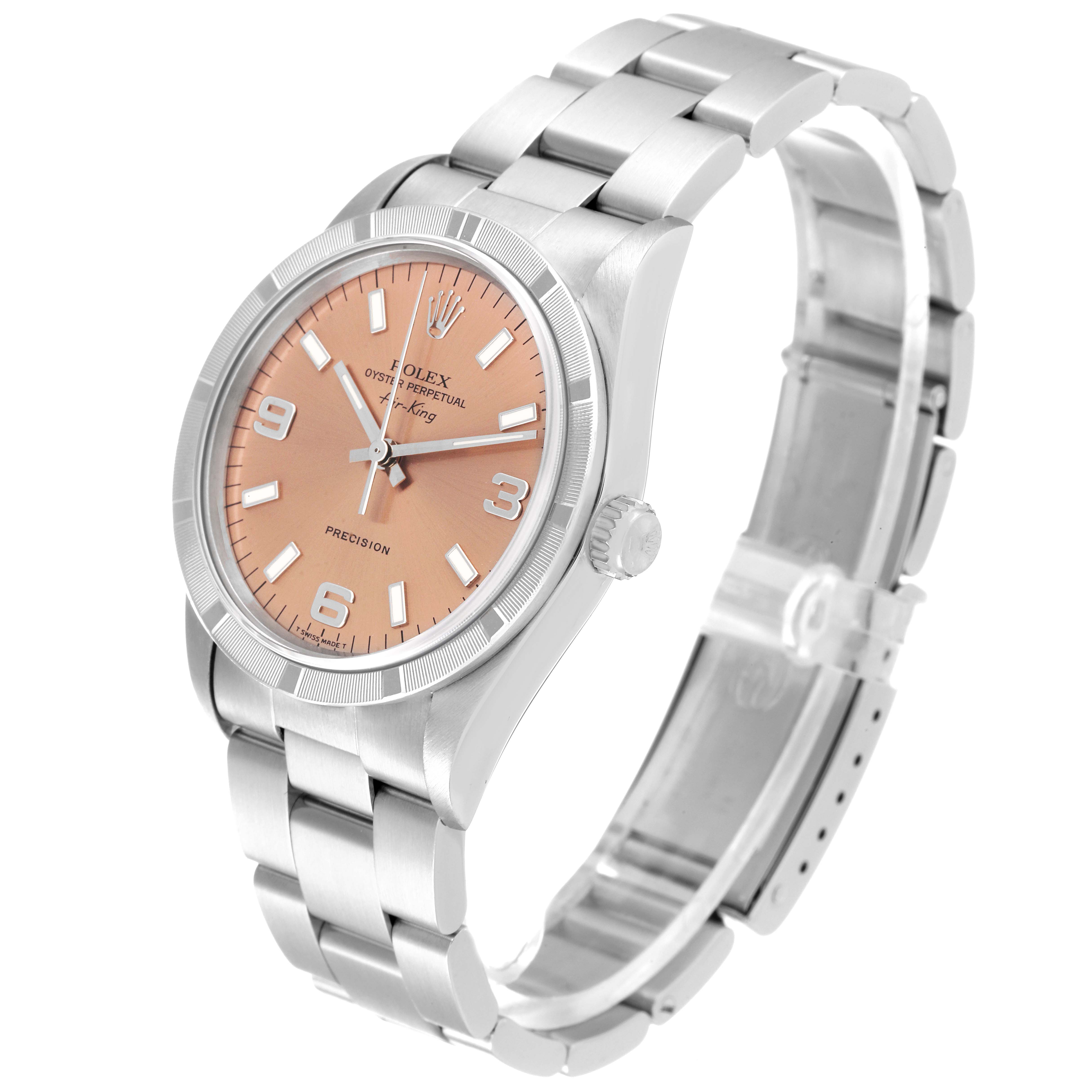 The image shows a Rolex Air-King 14010 Men's Stainless Steel Pink Dial 14010 Men's Stainless Steel Pink Dial watch at a slight angle, highlighting its face, bezel, and bracelet.