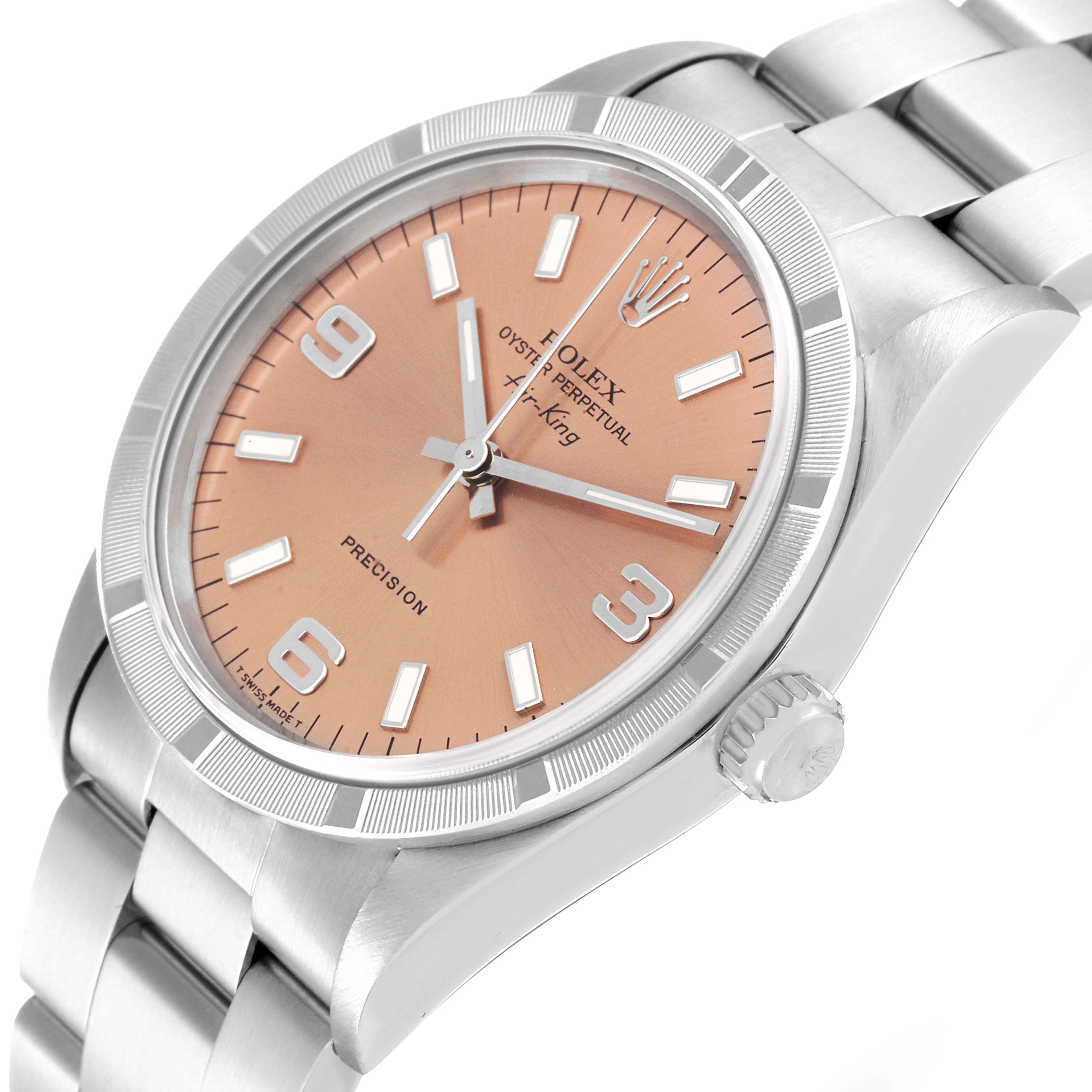 This image shows a Rolex Air-King 14010 Men's Stainless Steel Pink Dial 14010 Men's Stainless Steel Pink Dial watch at a slightly angled view highlighting its face, bezel, crown, and stainless steel bracelet.