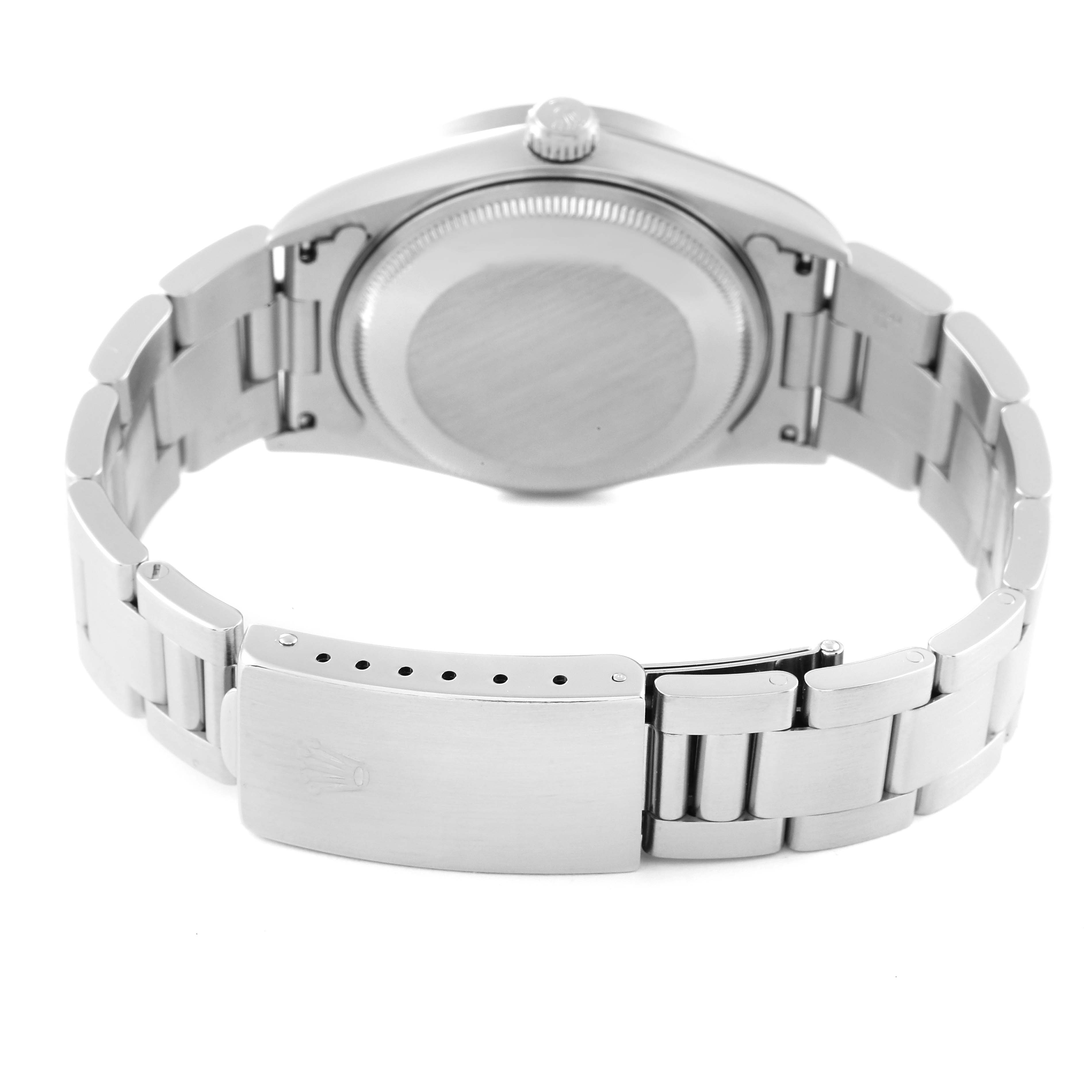 This image shows the back view of the Rolex Air-King 14010 Men's Stainless Steel Pink Dial 14010 Men's Stainless Steel Pink Dial watch, focusing on its case back, crown, and metal bracelet with clasp.