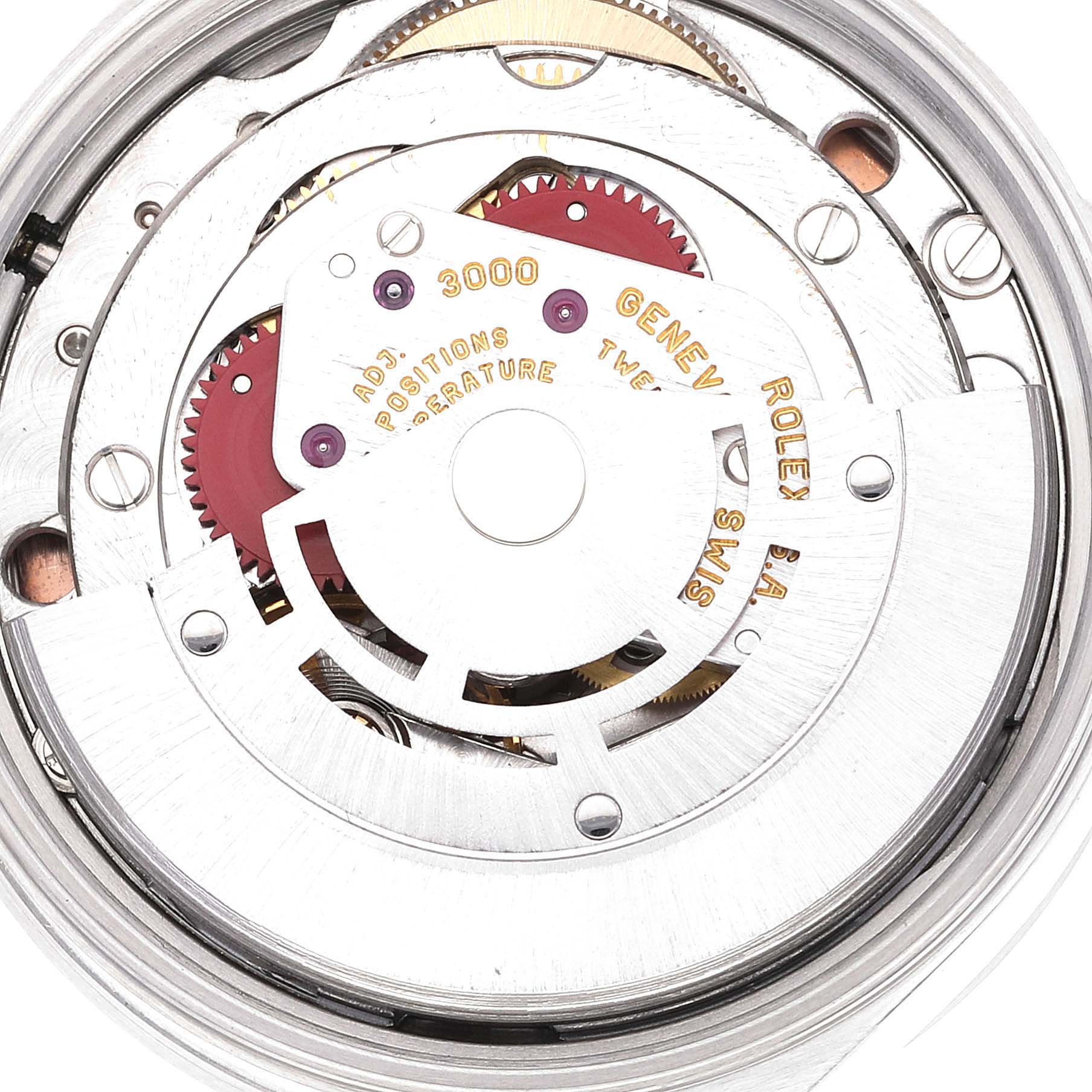 This image shows a close-up view of the movement of the Air-King watch by Rolex, highlighting its intricate internal mechanism.