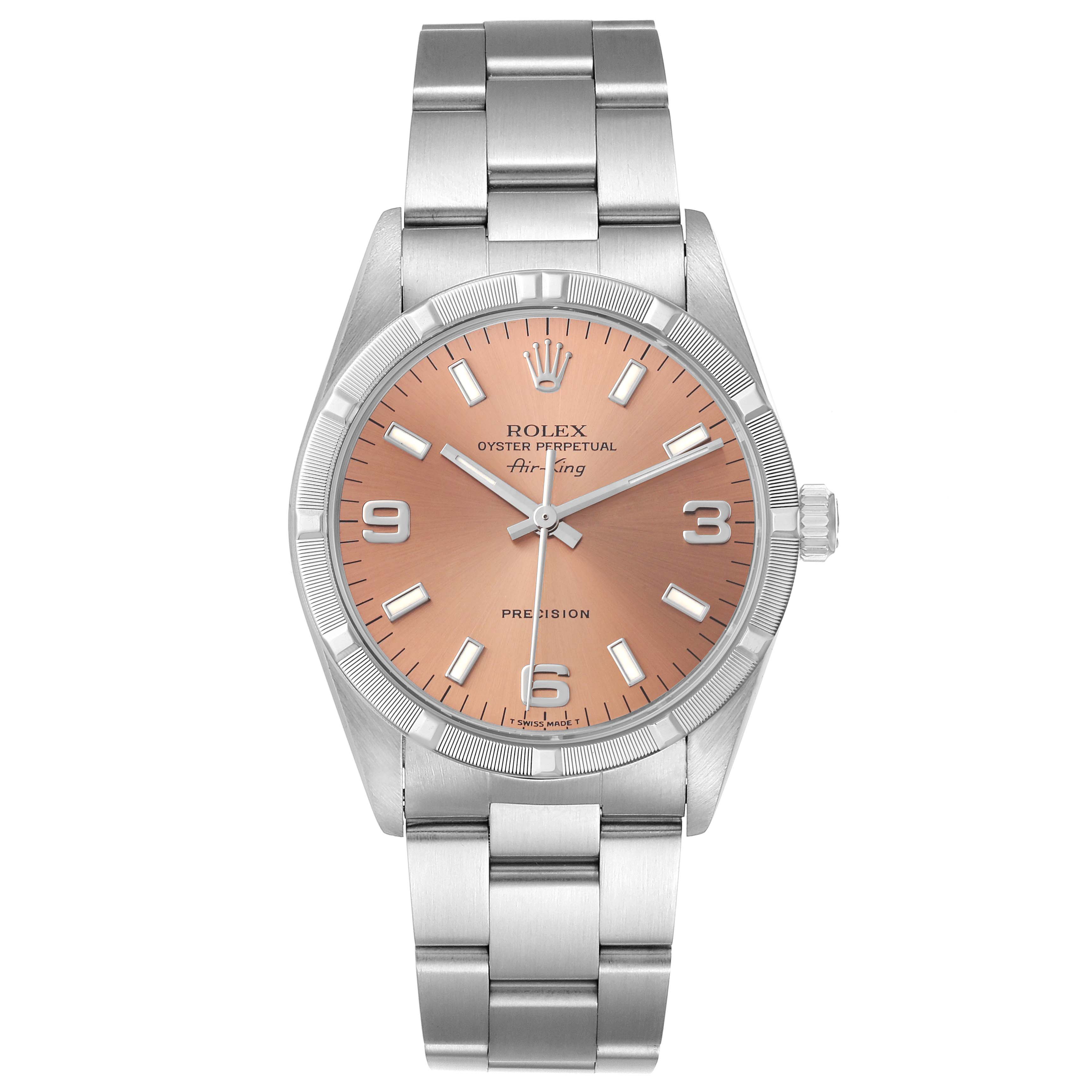 The image shows a frontal view of the Rolex Air-King 14010 Men's Stainless Steel Pink Dial 14010 Men's Stainless Steel Pink Dial watch with a pink dial and a stainless steel bracelet.