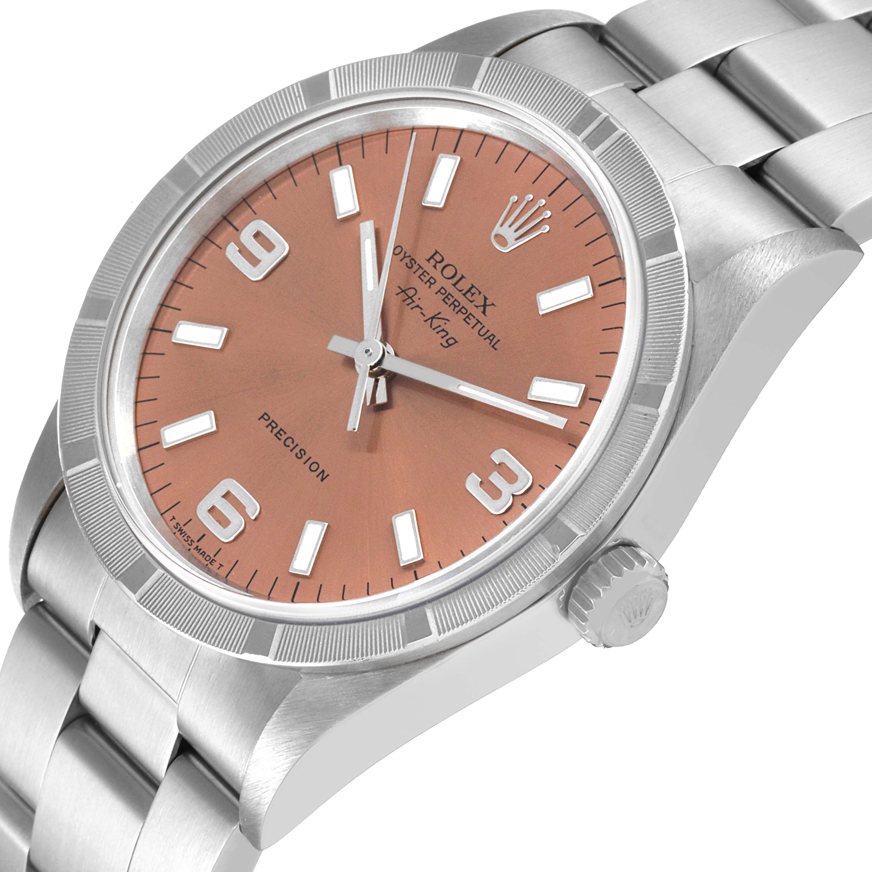 The Rolex Air-King 14010 Men's Stainless Steel Pink Dial 14010 Men's Stainless Steel Pink Dial watch is shown from a slightly tilted angle, displaying its dial, bezel, crown, and part of the bracelet.