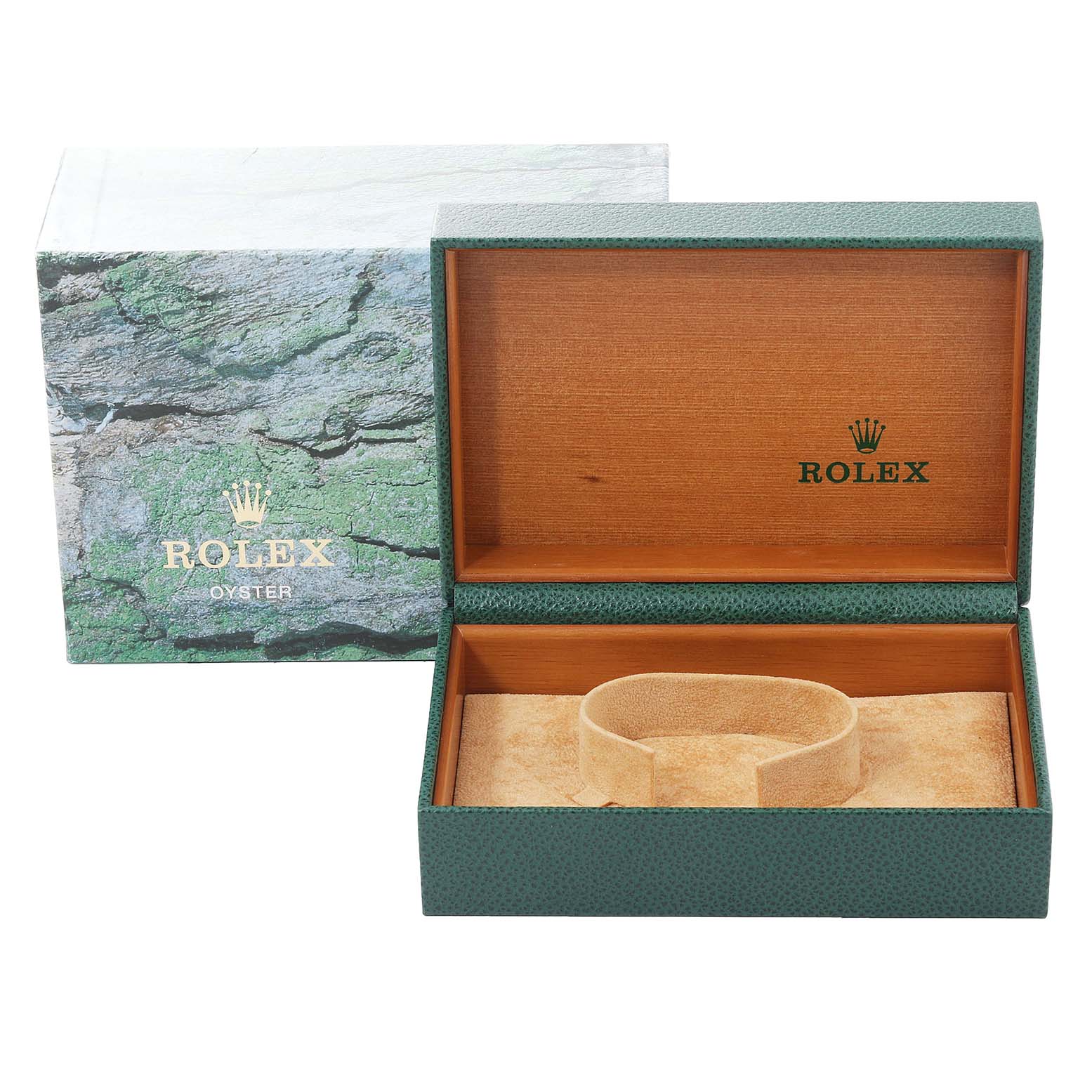 This image shows an open Rolex Air-King 14010 Men's Stainless Steel Pink Dial 14010 Men's Stainless Steel Pink Dial watch box with a cushion, along with its outer packaging.