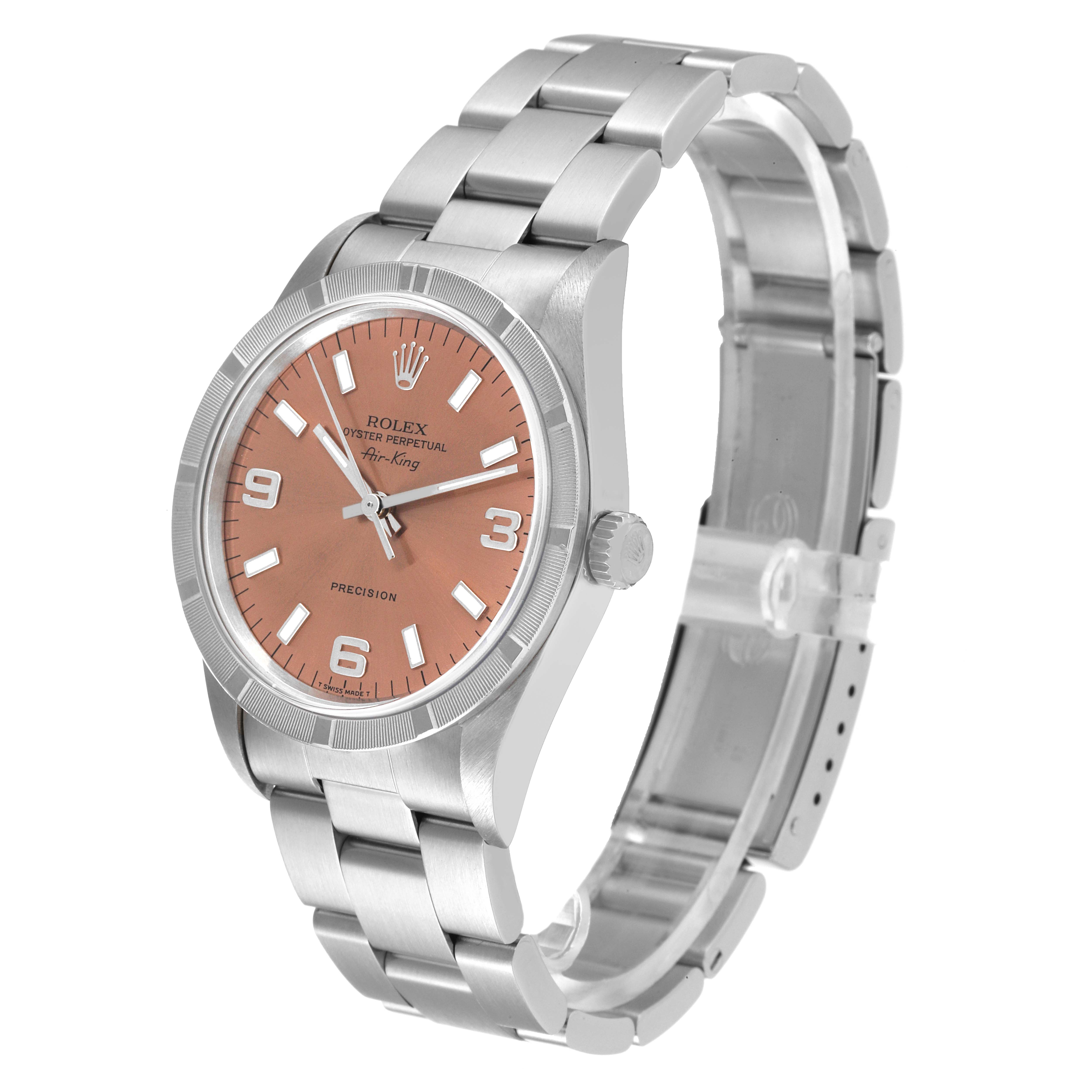 This is a Rolex Air-King 14010 Men's Stainless Steel Pink Dial 14010 Men's Stainless Steel Pink Dial watch viewed from an angled perspective, showing the face, crown, and bracelet.