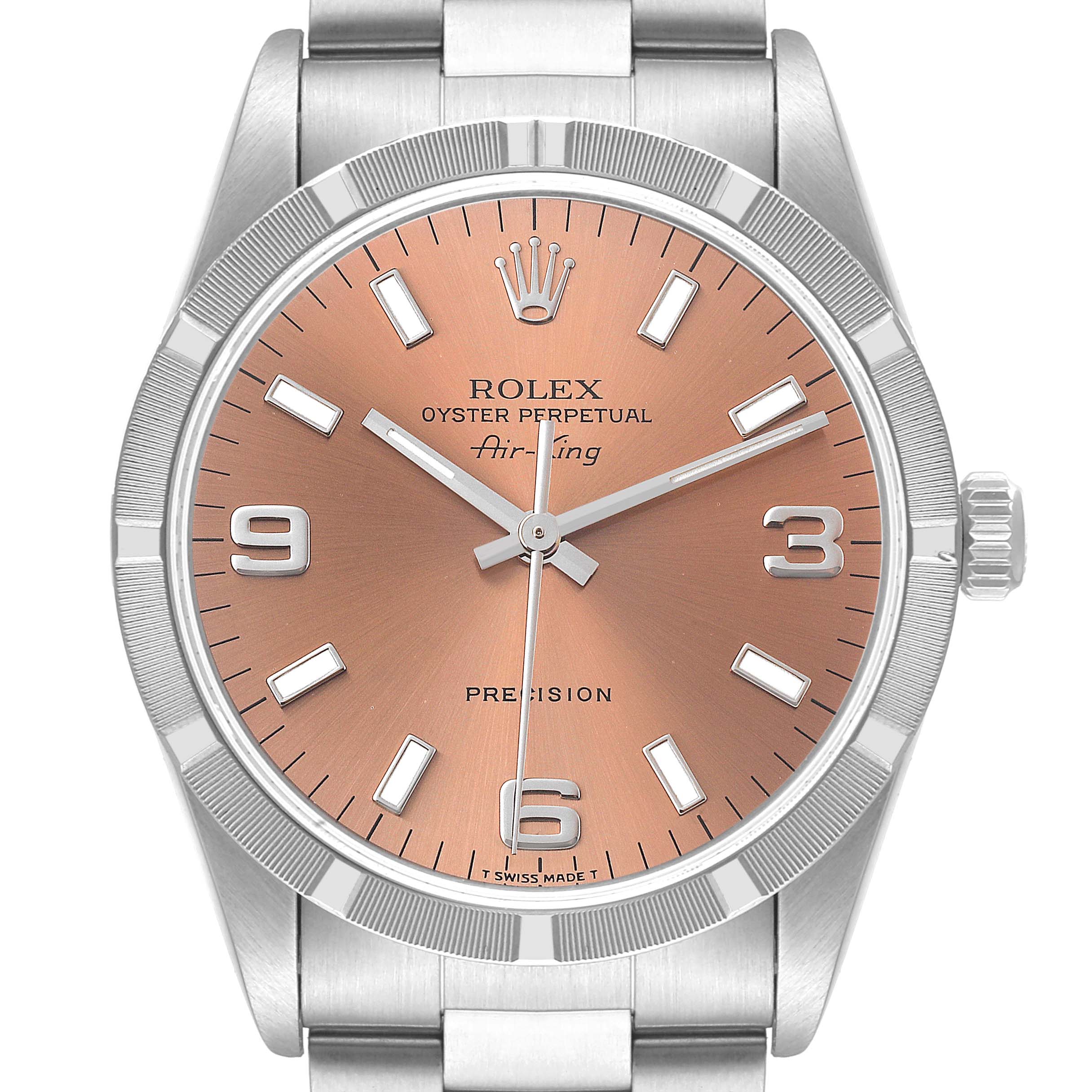 This image shows a front view of a Rolex Air-King 14010 Men's Stainless Steel Pink Dial 14010 Men's Stainless Steel Pink Dial watch displaying the dial, bezel, crown, and part of the bracelet.