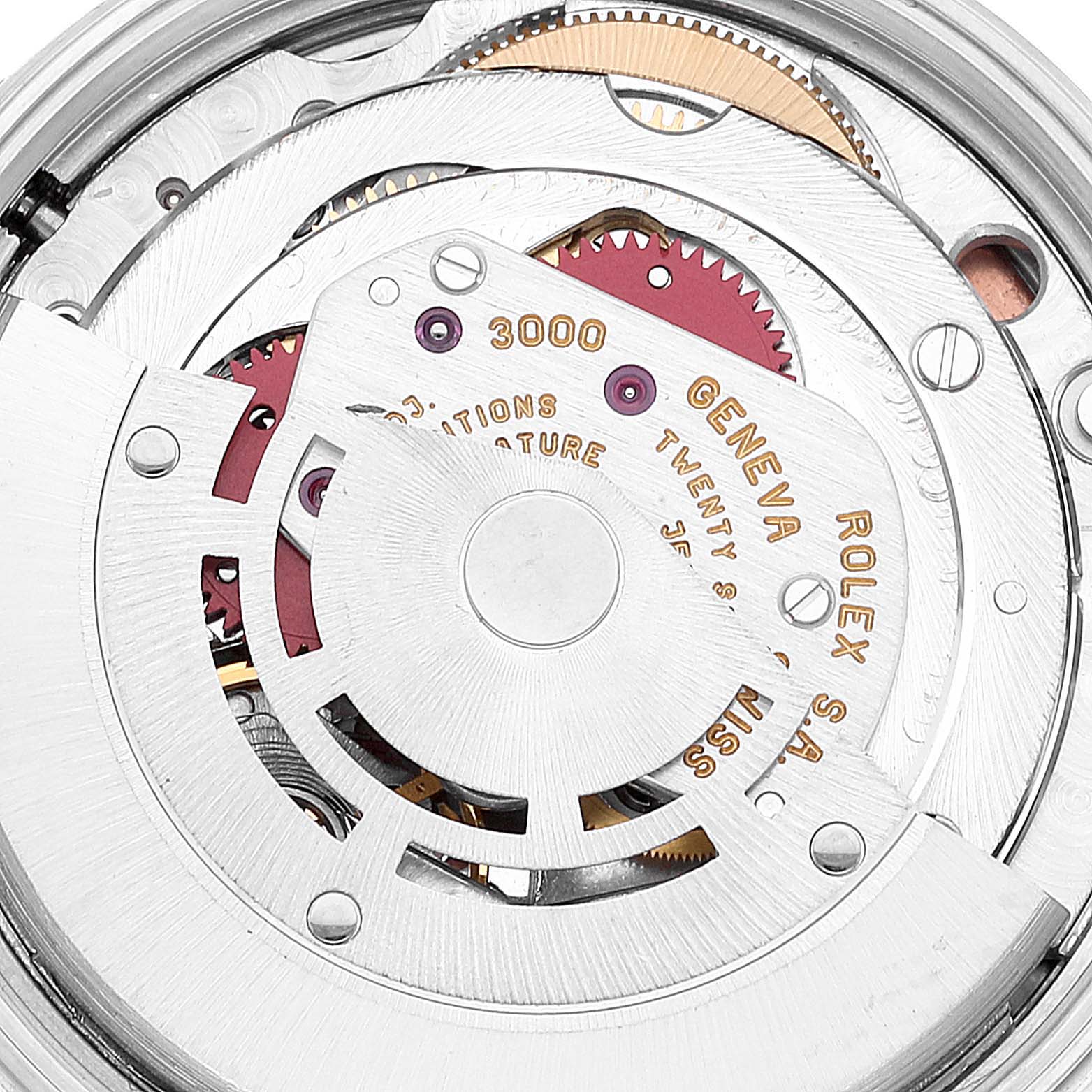 Close-up view of the internal mechanism and movement parts of a Rolex Air-King 14010 Men's Stainless Steel Pink Dial 14010 Men's Stainless Steel Pink Dial watch.