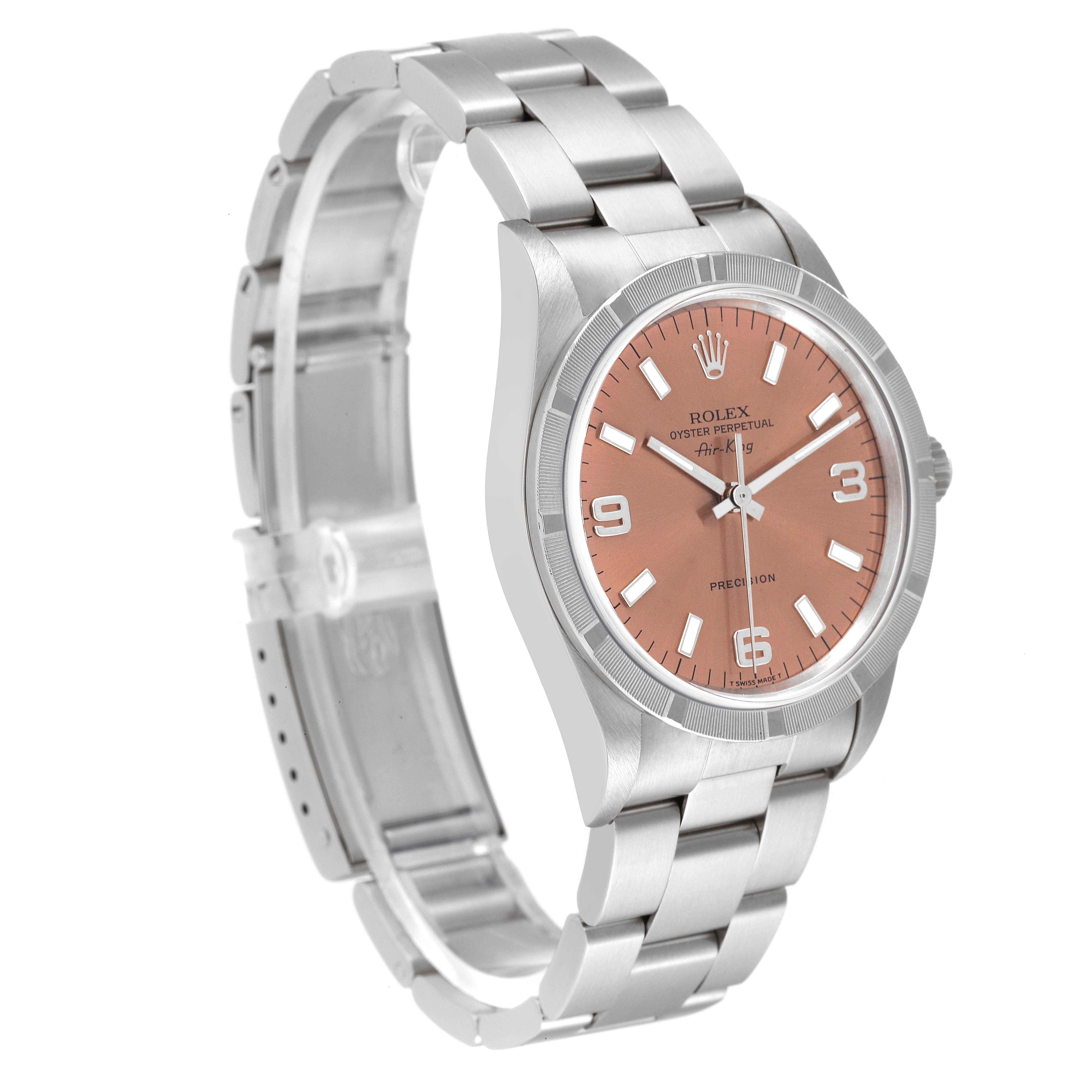 The image shows a Rolex Air-King 14010 Men's Stainless Steel Pink Dial 14010 Men's Stainless Steel Pink Dial watch at an angled view, highlighting its dial, case, and linked bracelet.