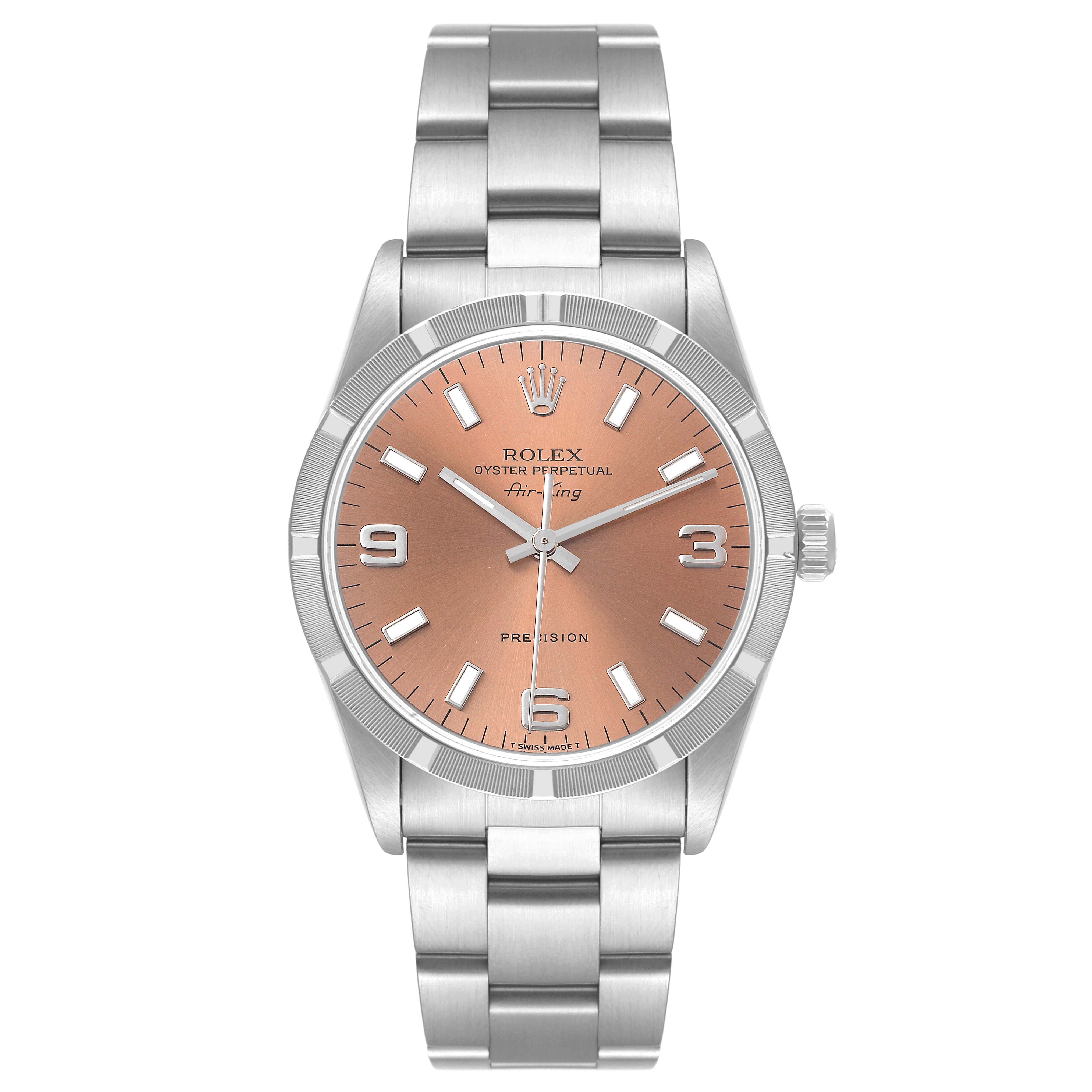 The Rolex Air-King 14010 Men's Stainless Steel Pink Dial 14010 Men's Stainless Steel Pink Dial watch is shown from a top-down angle, displaying the face, bezel, crown, and bracelet.